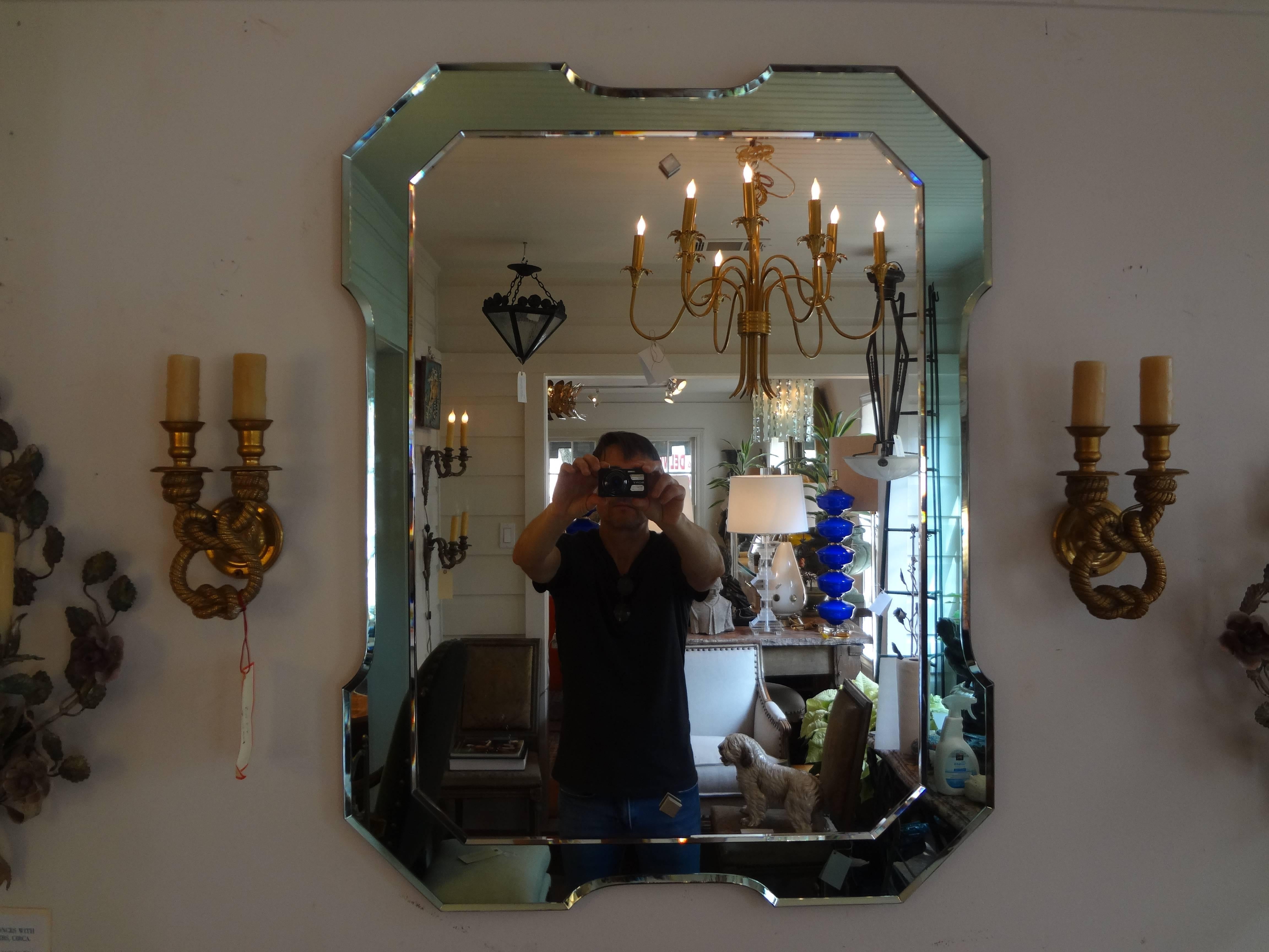 Mid-20th Century Italian Fontana Arte Style Rectangular Mirror with Green Beveled Border