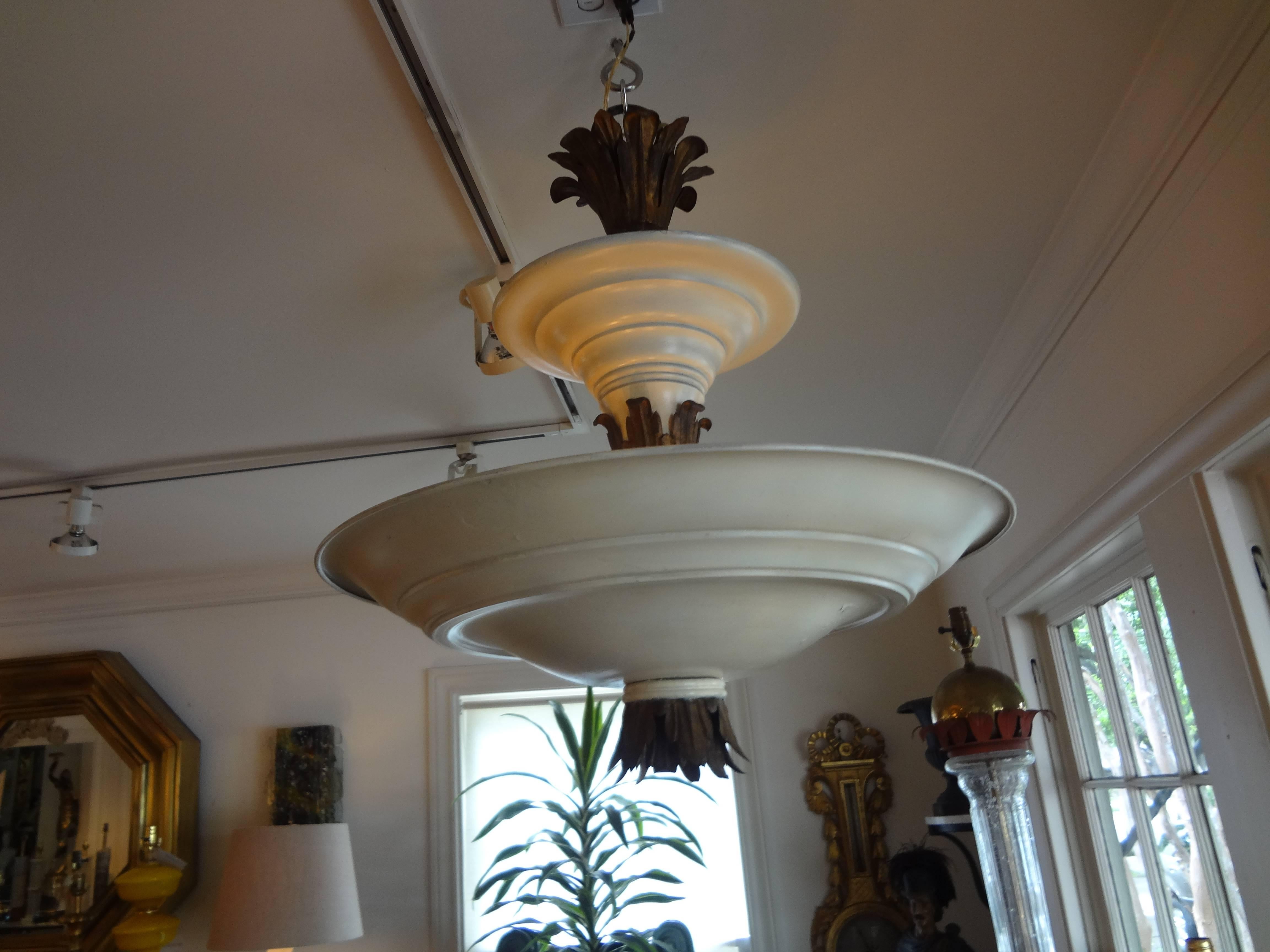 French Art Deco André Arbus Style Tole and Bronze Chandelier For Sale 1