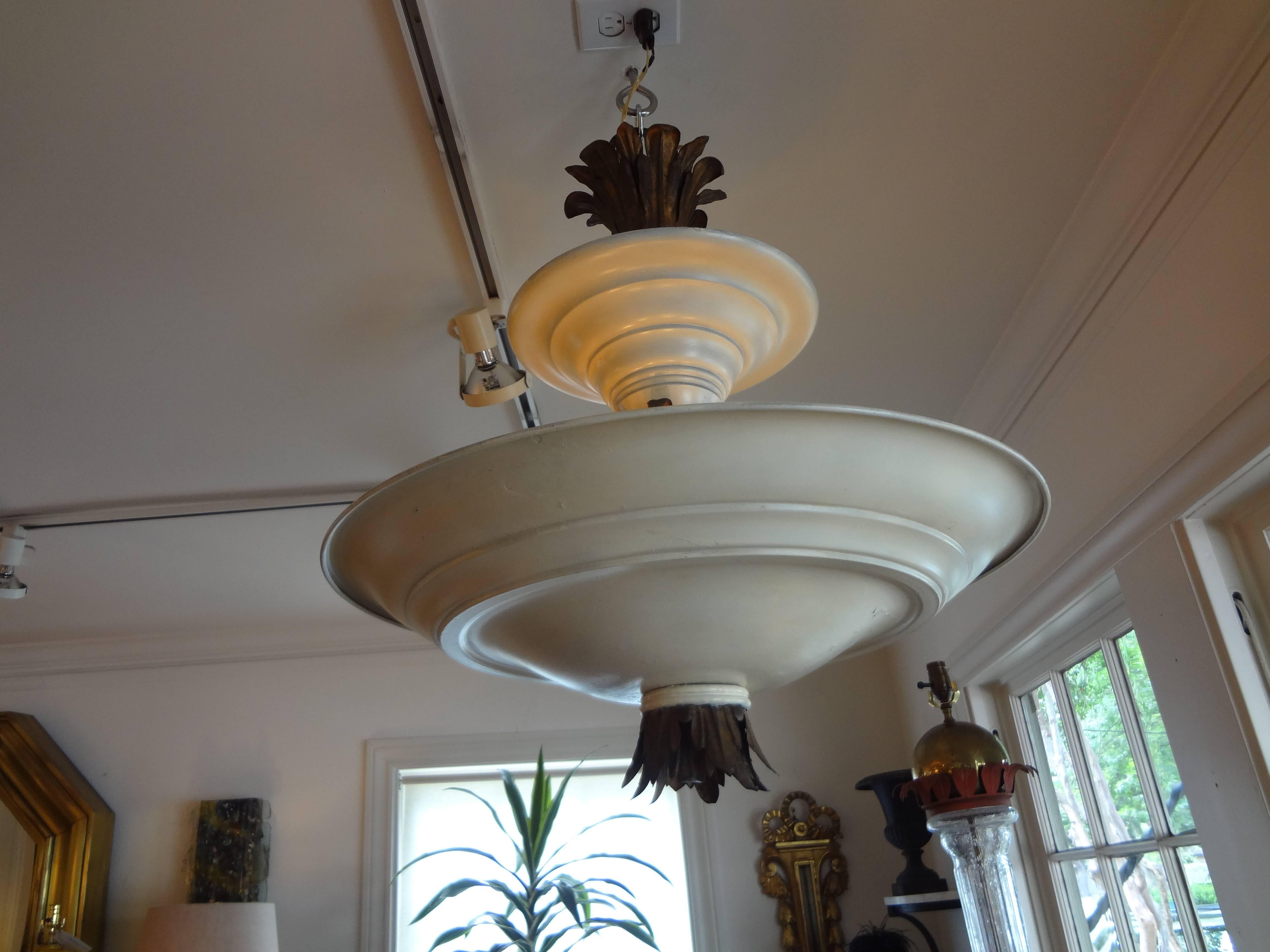 French Art Deco André Arbus Style Tole and Bronze Chandelier For Sale 2