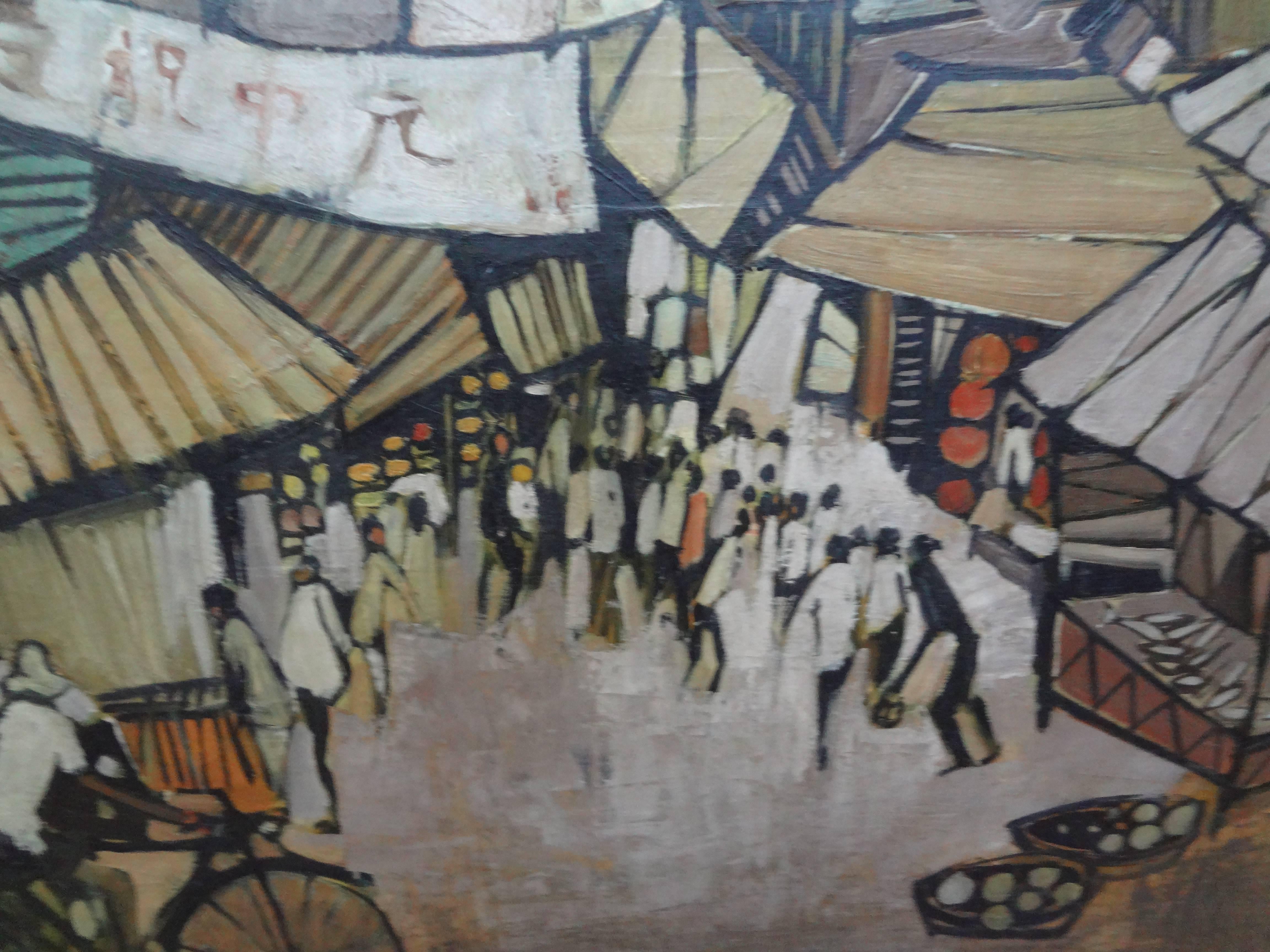 Beautifully executed midcentury Asian modern oil on canvas of a street scene, circa 1967. See photograph of artist signature.