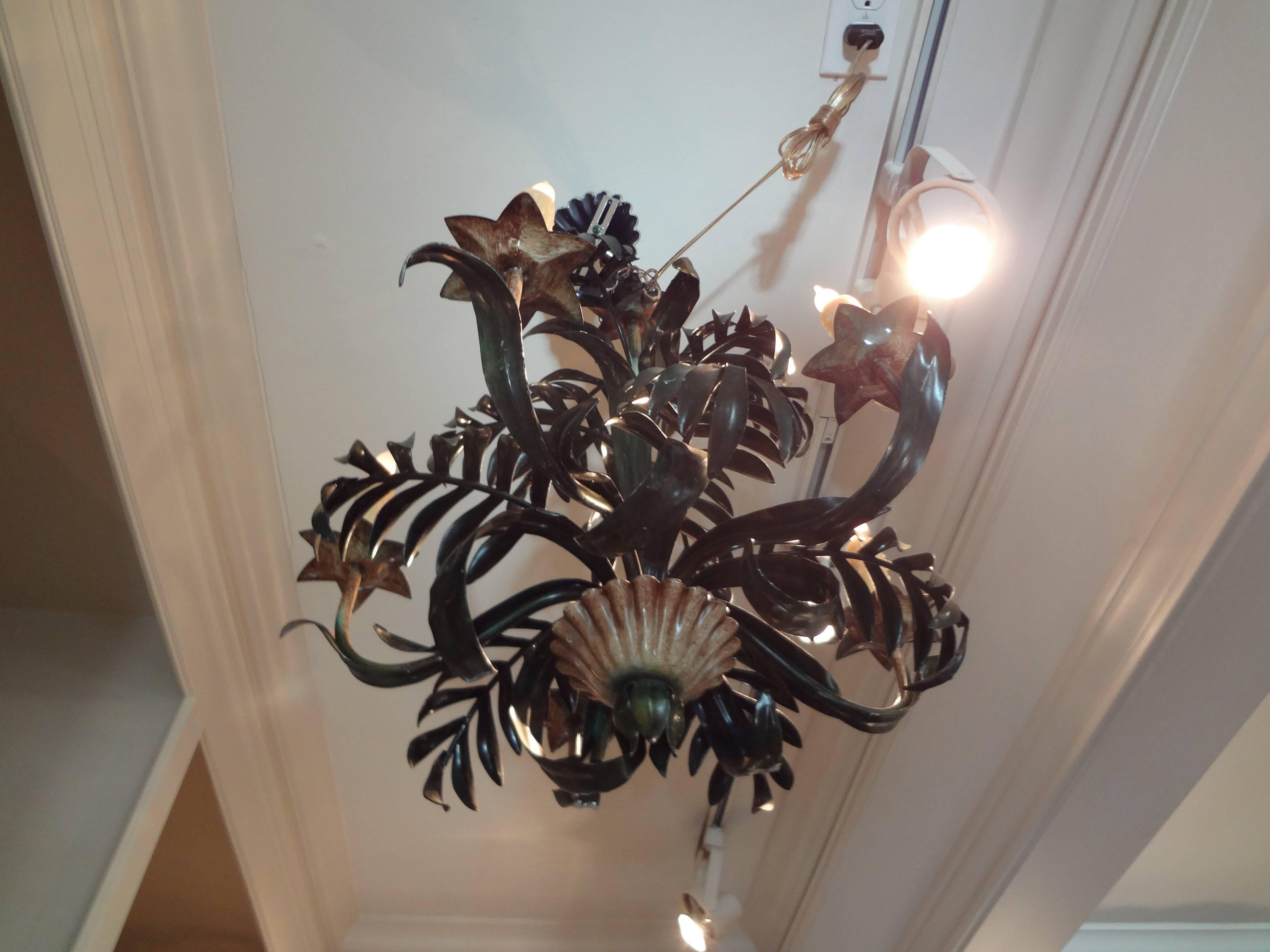 Italian Hollywood Regency Tole Palm Chandelier-SATURDAY SALE In Good Condition In Houston, TX