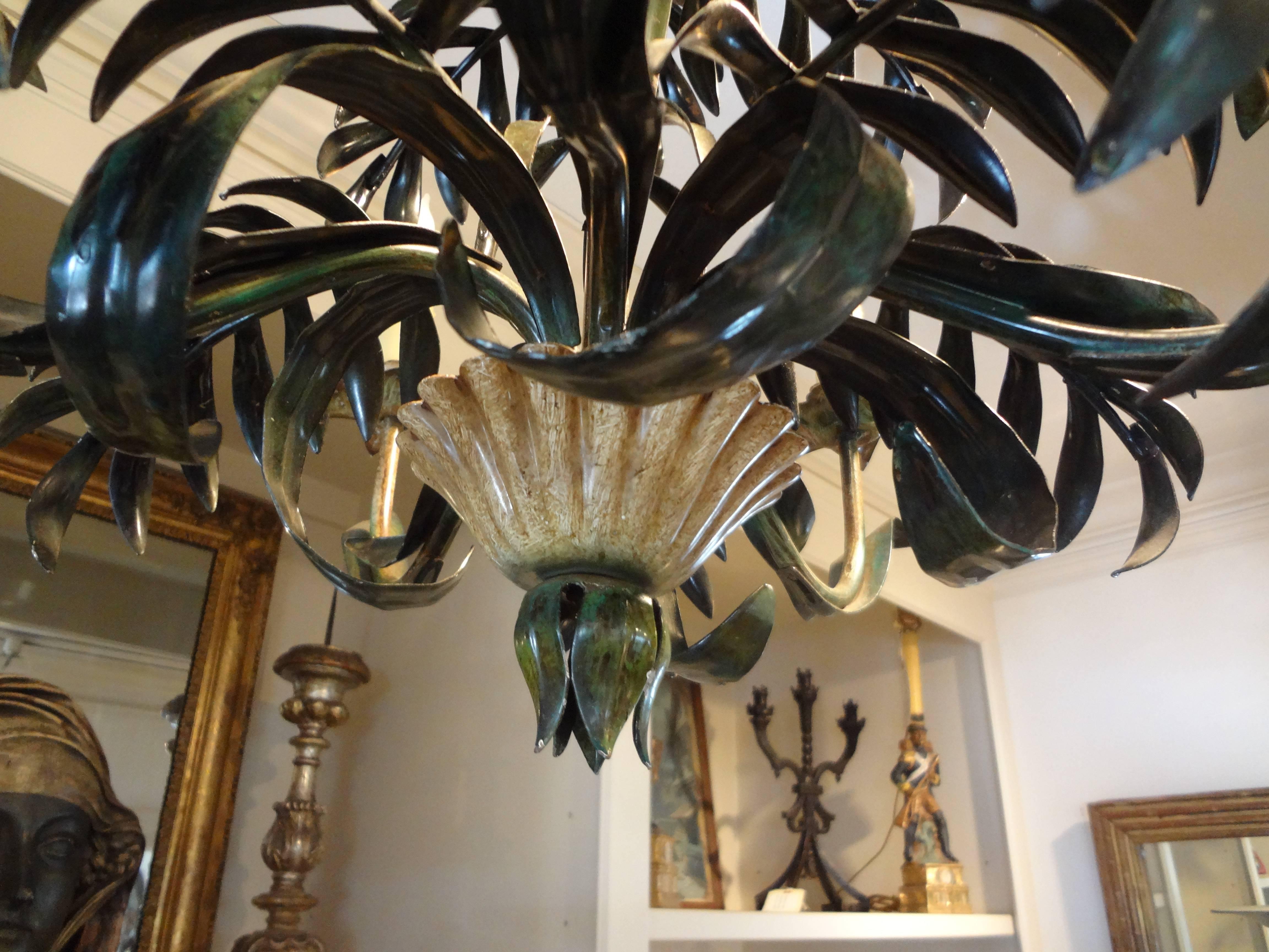 Mid-20th Century Italian Hollywood Regency Tole Palm Chandelier-SATURDAY SALE