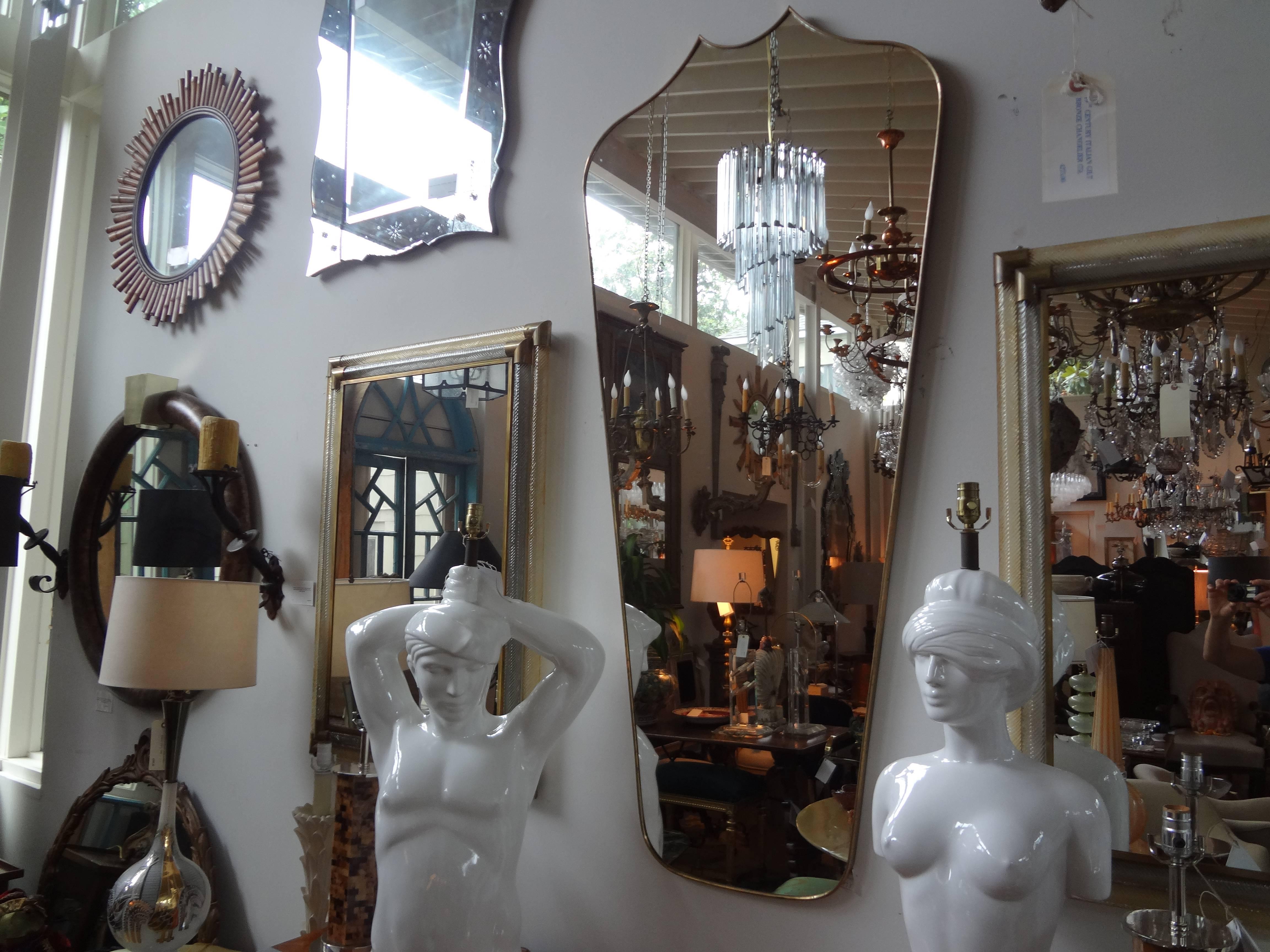Oversized Italian Gio Ponti Inspired Mid Century Modern Brass Mirror 1
