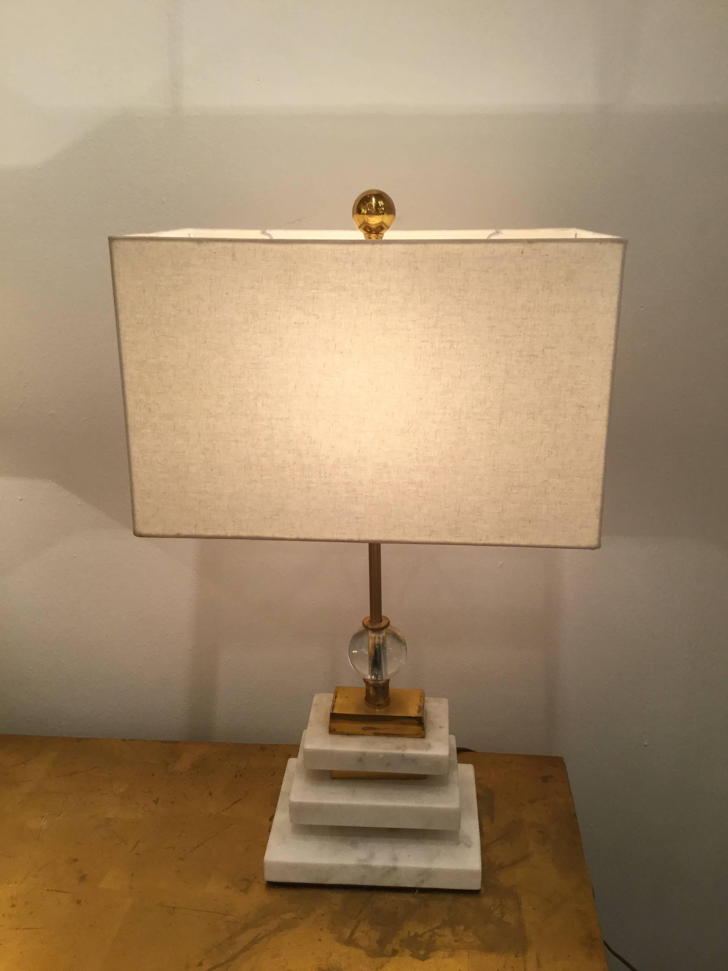 Mid-Century Modern Pair of French Marble, Brass and Glass Lamps-Saturday Sale
