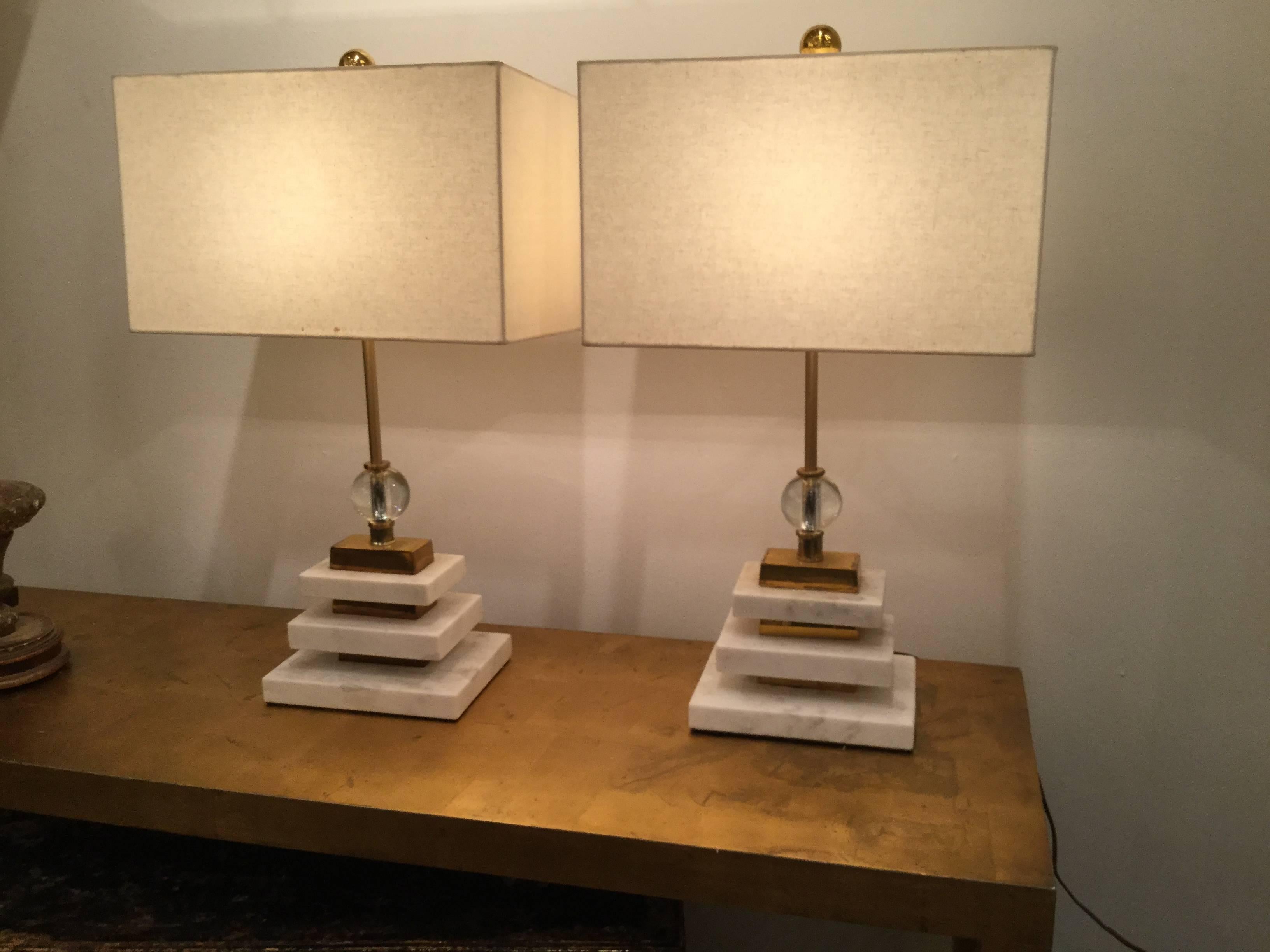 Pair of French Marble, Brass and Glass Lamps-Saturday Sale 1