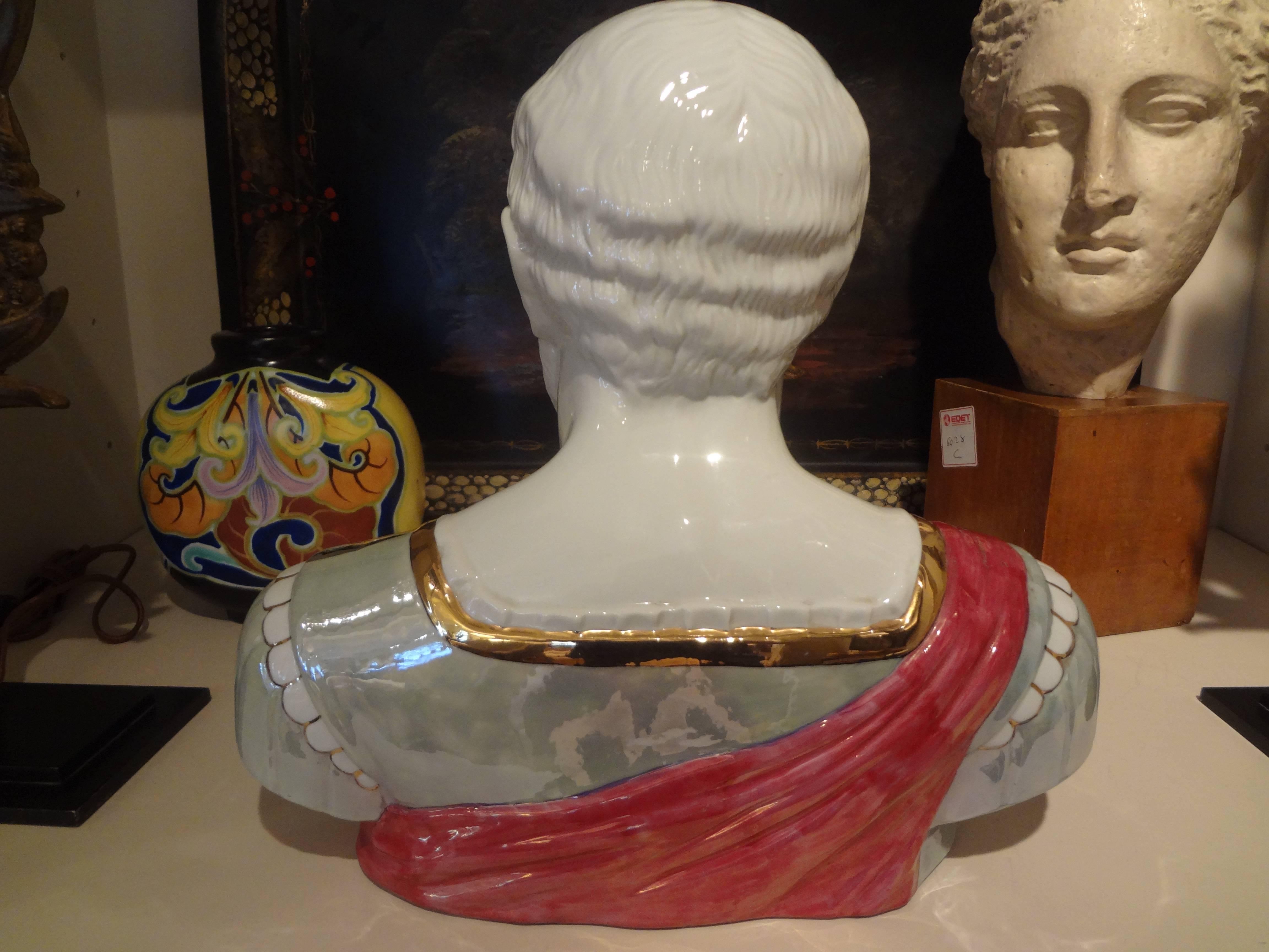 Italian Glazed Ceramic Bust of a Classical Roman by Santa Monica In Good Condition For Sale In Houston, TX