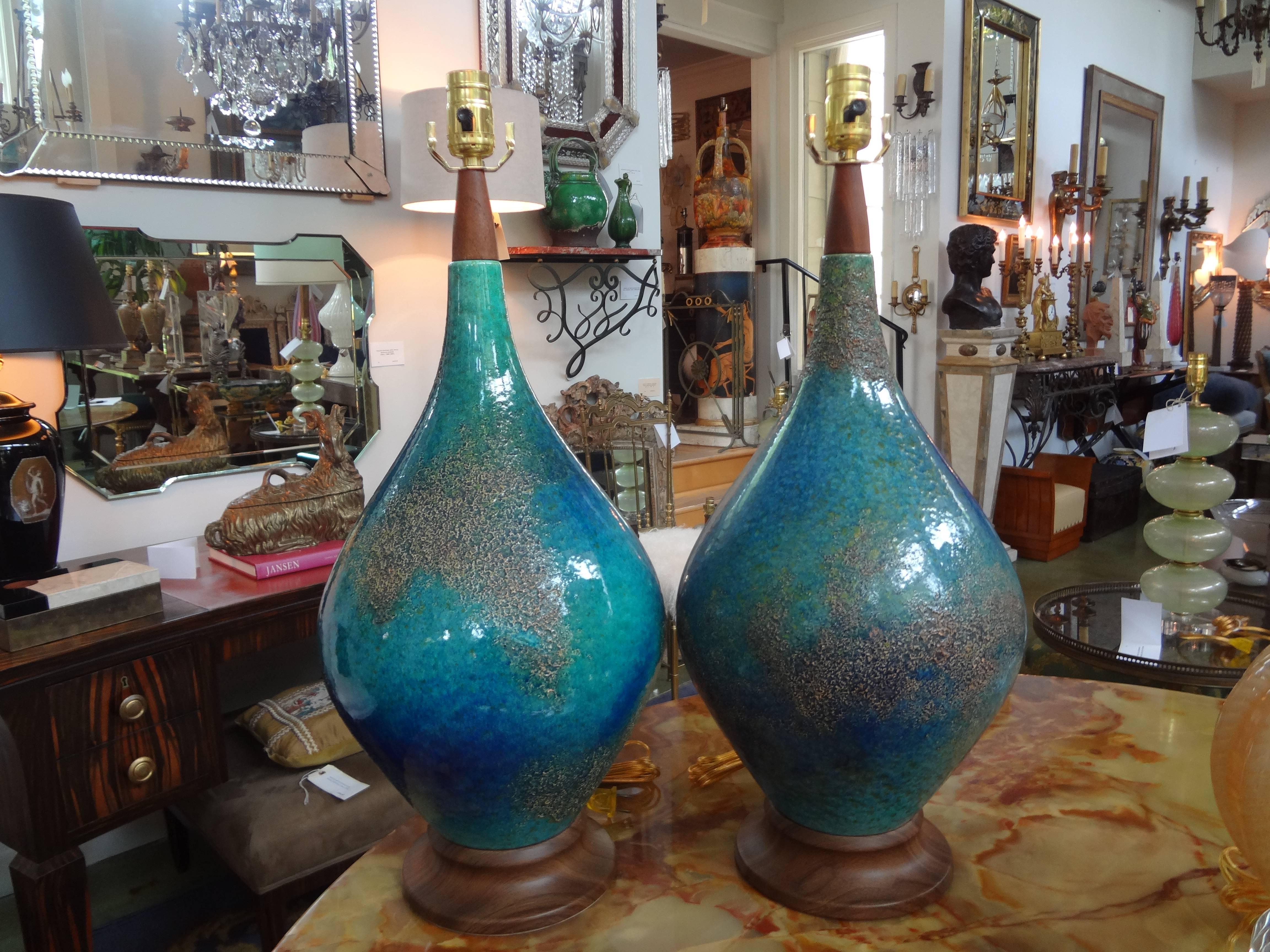 Pair of Italian Mid Century Glazed Pottery Lamps 1