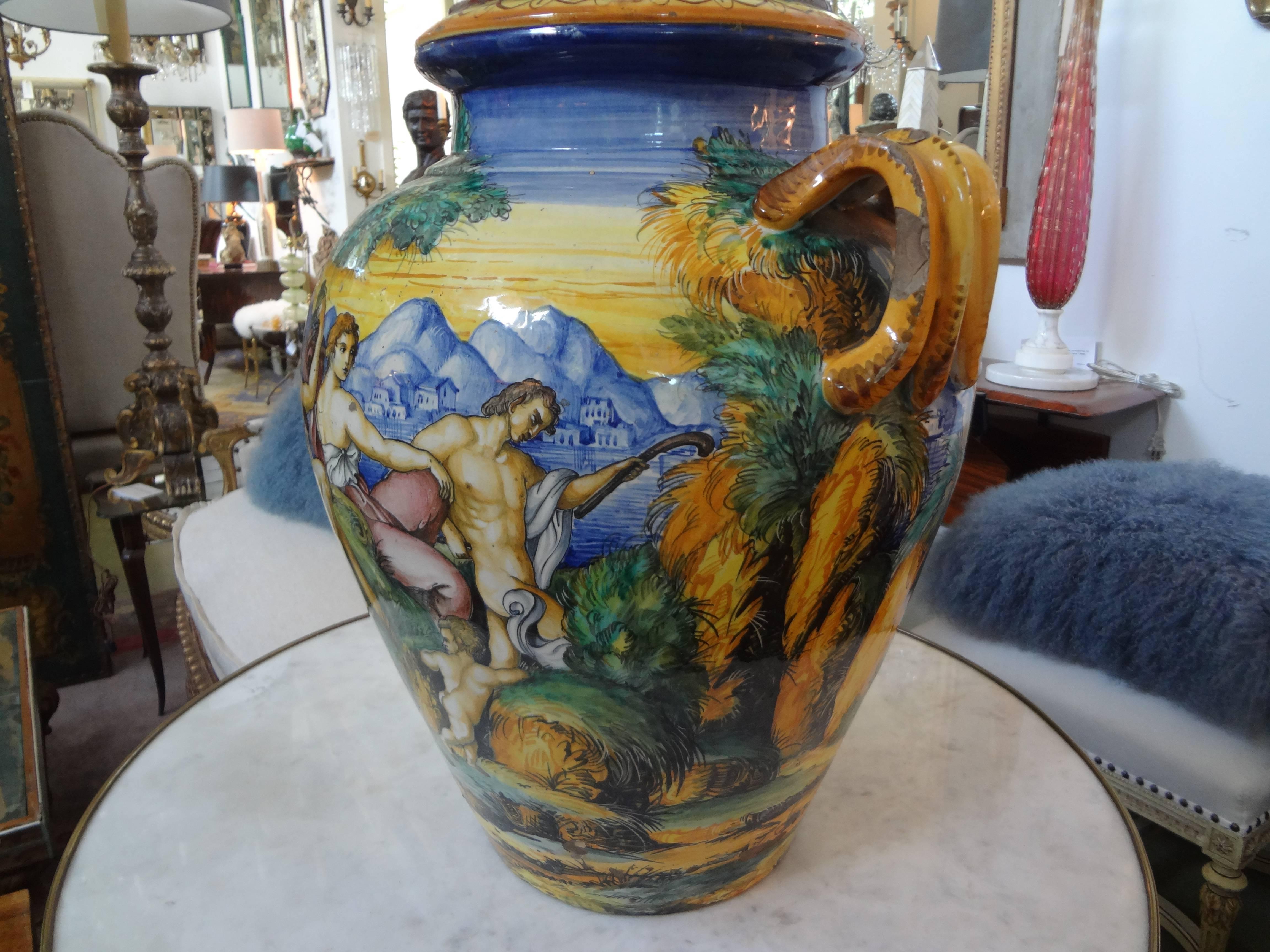 19th Century Italian Glazed Earthenware Urn Attributed to Urbino Workshop 6