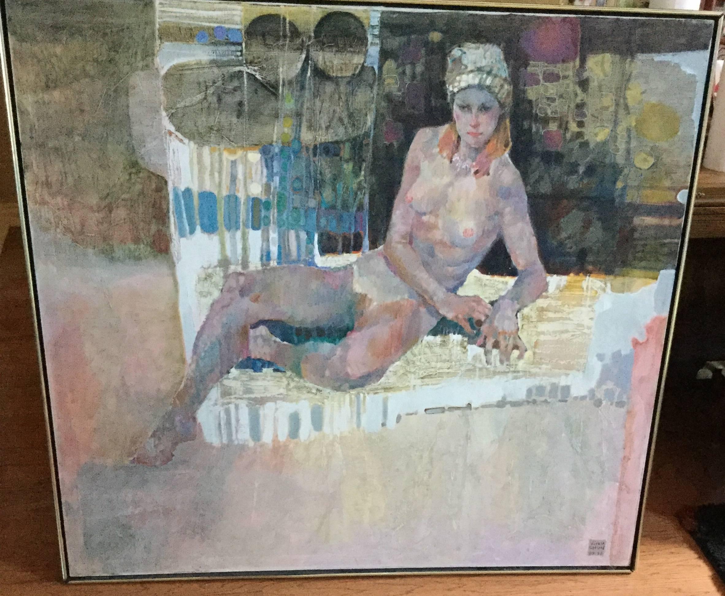 Mid-Century Modern Female Nude Oil on Canvas by Lau Chun