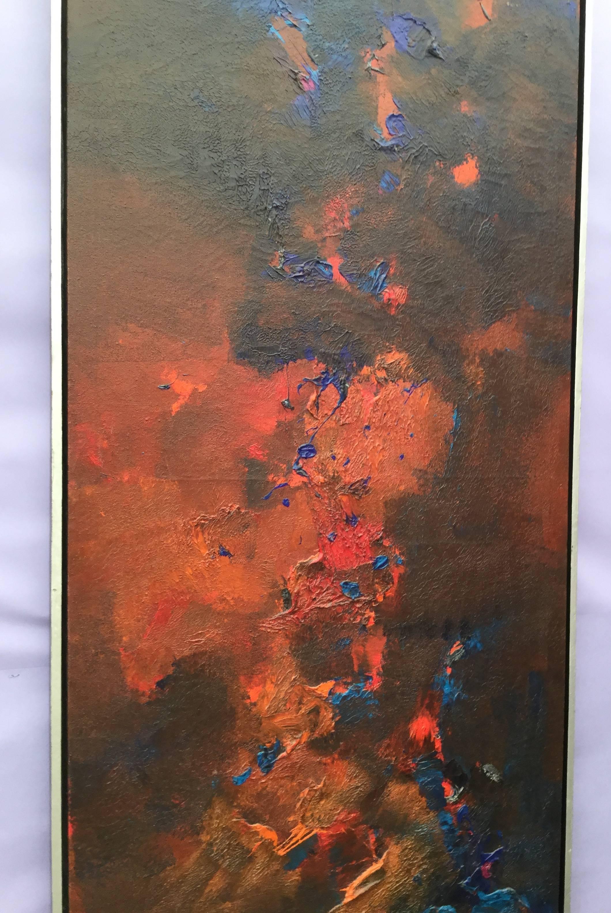 Contemporary painting in tones of red, orange blues and black. 
The painting made to go vertical according to signature but can run horizontal or vertical. Looks great in either direction.
Signed on back R. Roehrenbeck Houston, 1960.



  