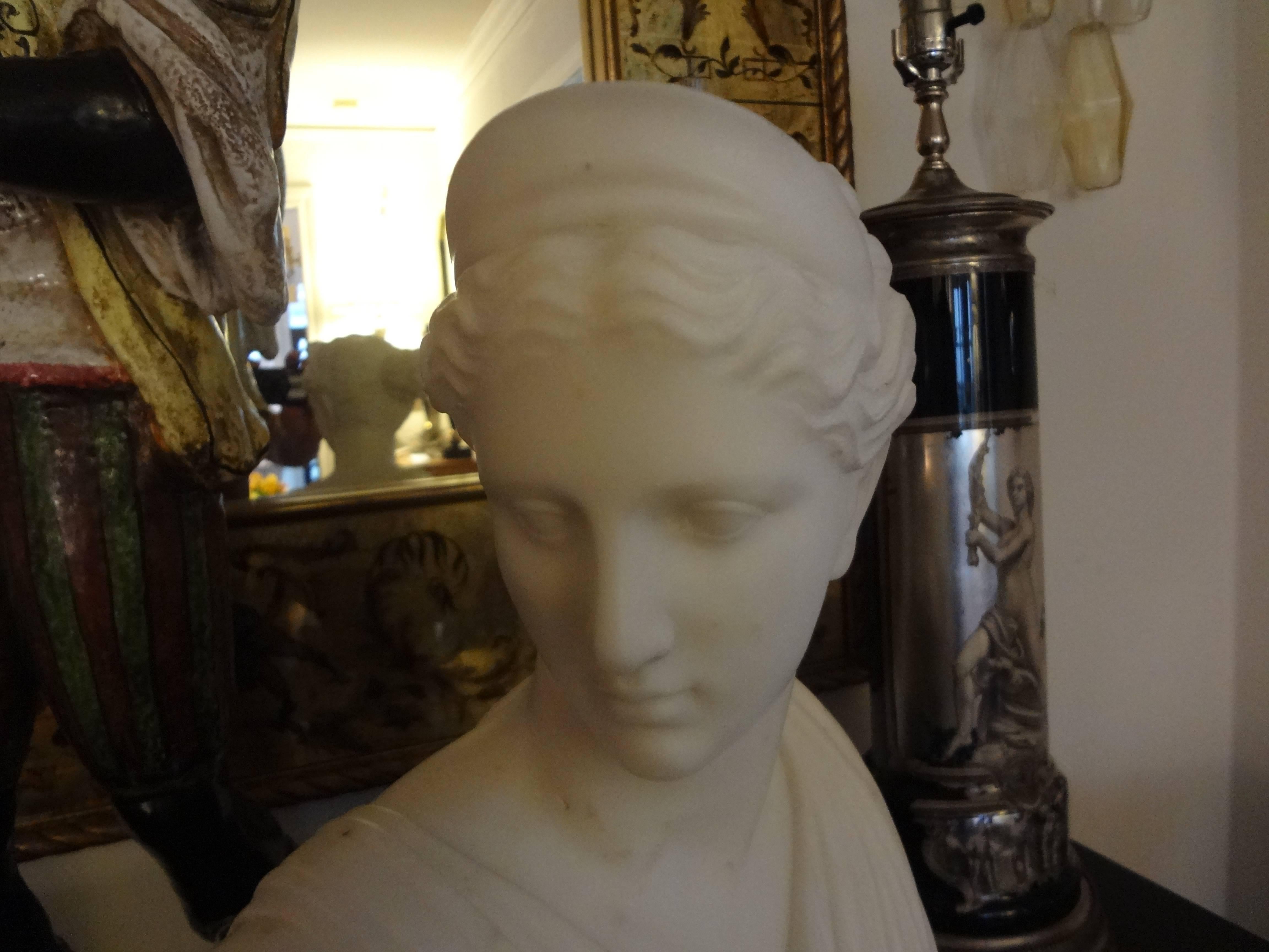 Well detailed Italian marble bust of Diana the Roman goddess signed Pugi, circa 1920.
