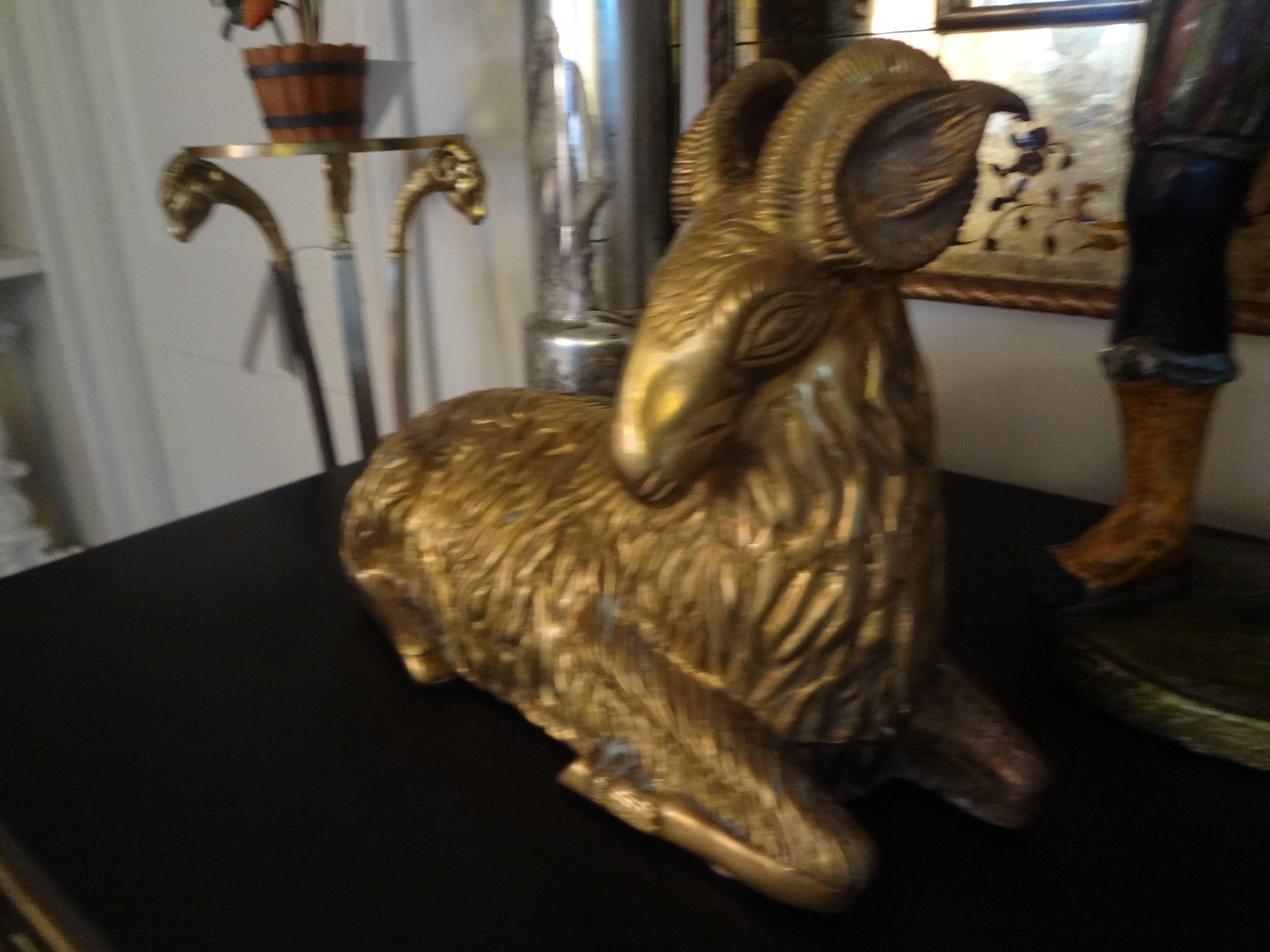 Beautifully detailed Hollywood Regency brass sculpture, brass figure or brass statue of a ram with great patina.