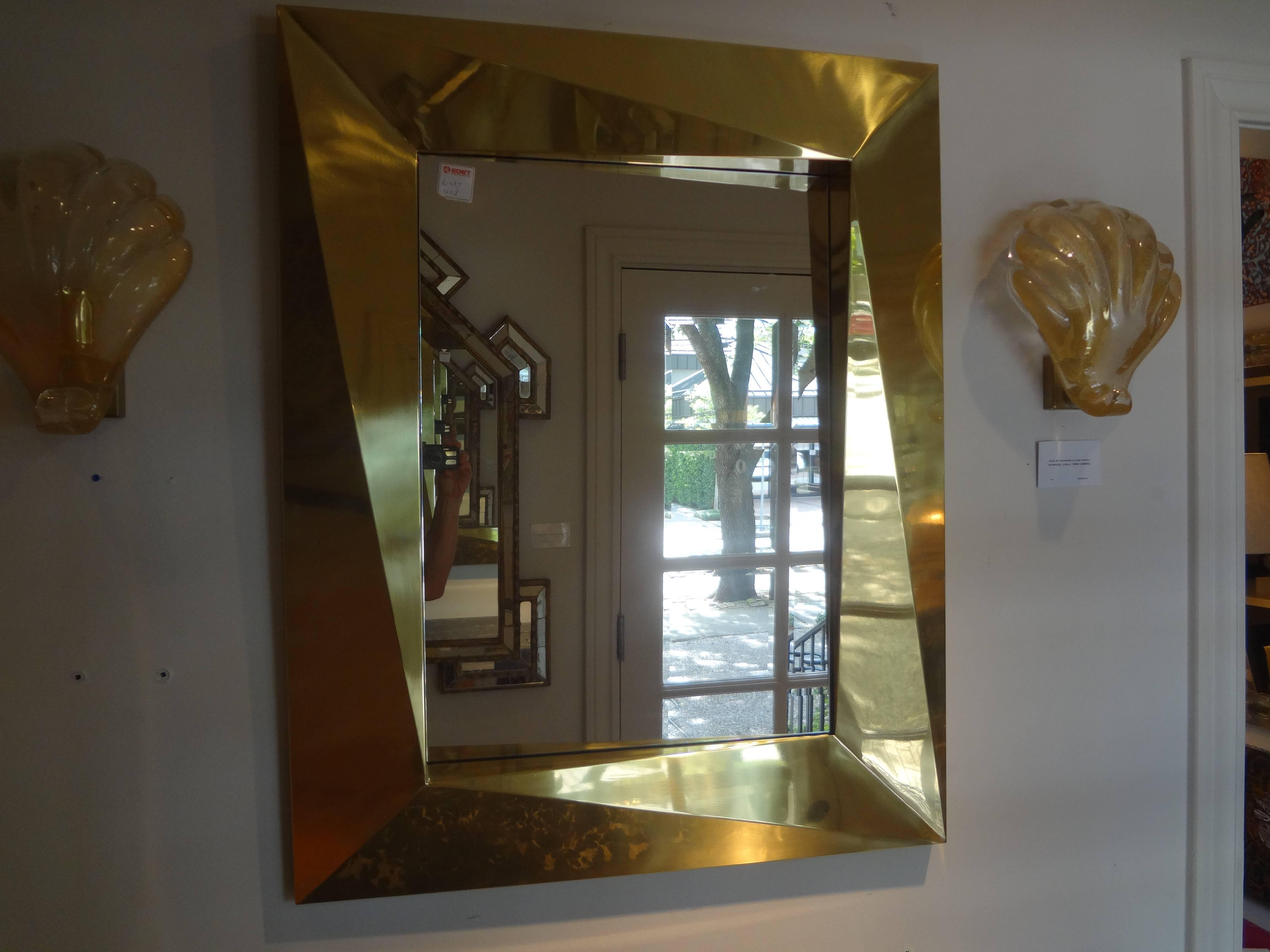 Late 20th Century Italian Brass Modernist Geometric Mirror