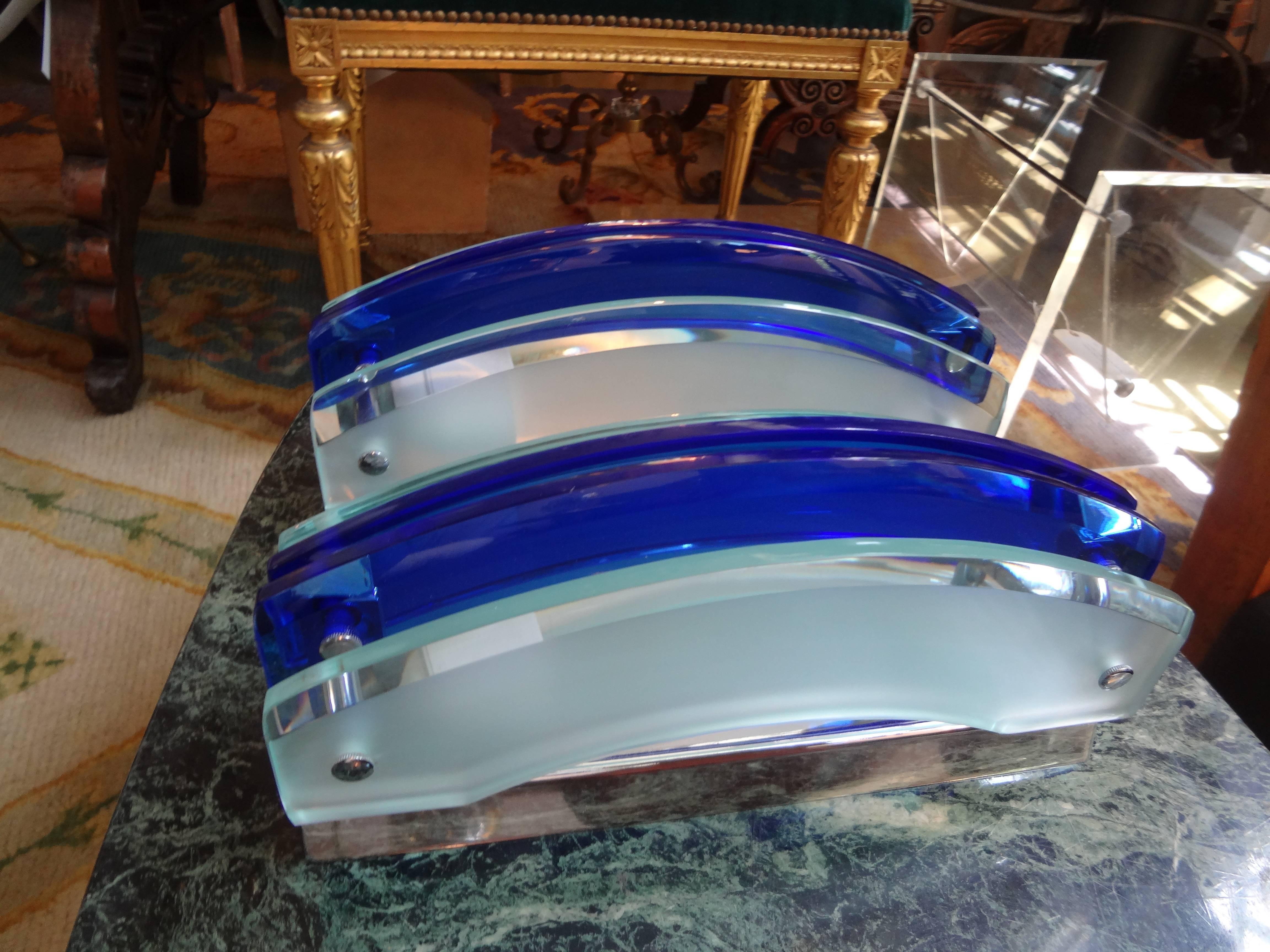 Italian Pair of Murano Glass Sconces, Blue and Frosted Glass by Veca