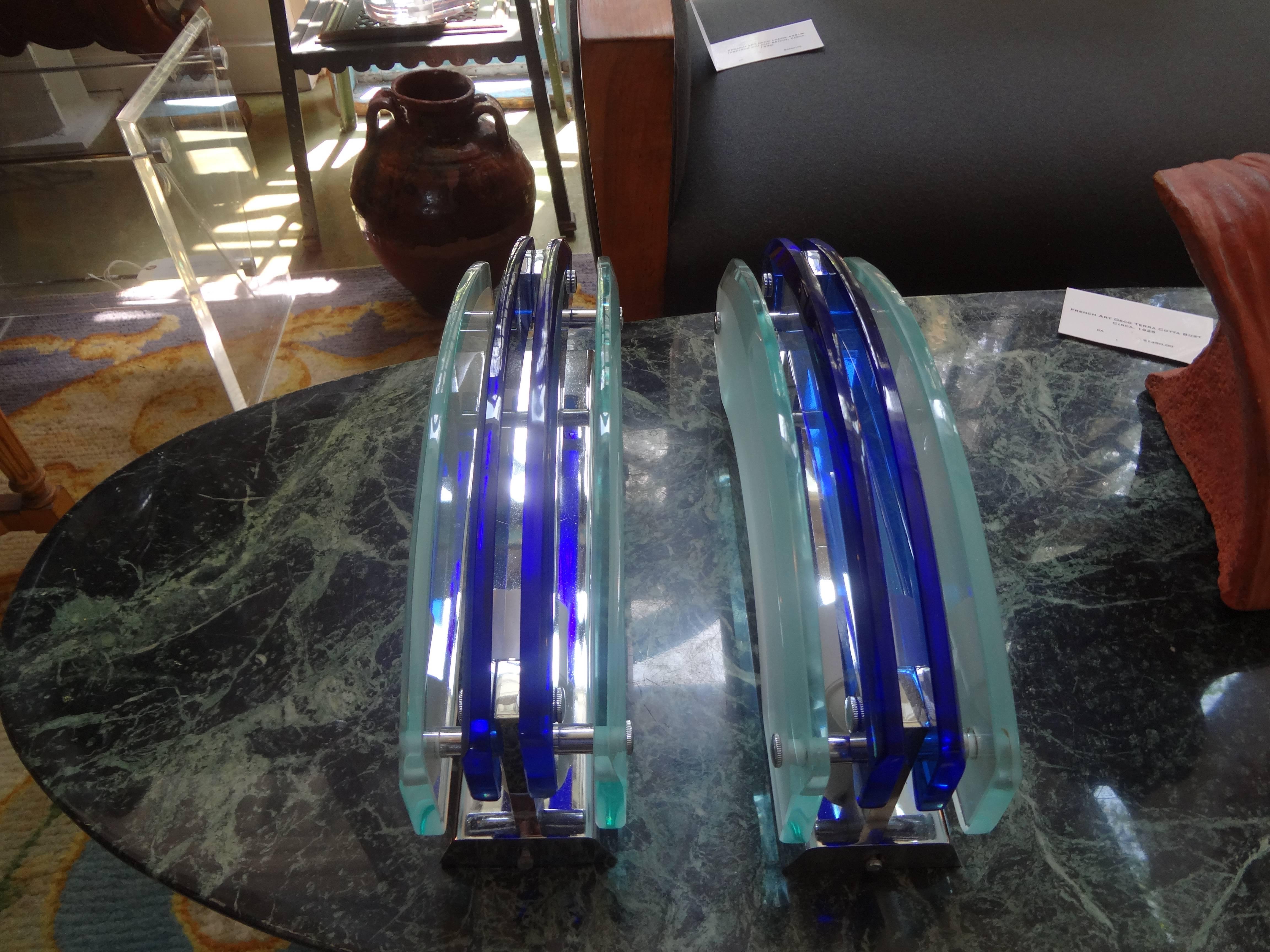 Mid-20th Century Pair of Murano Glass Sconces, Blue and Frosted Glass by Veca