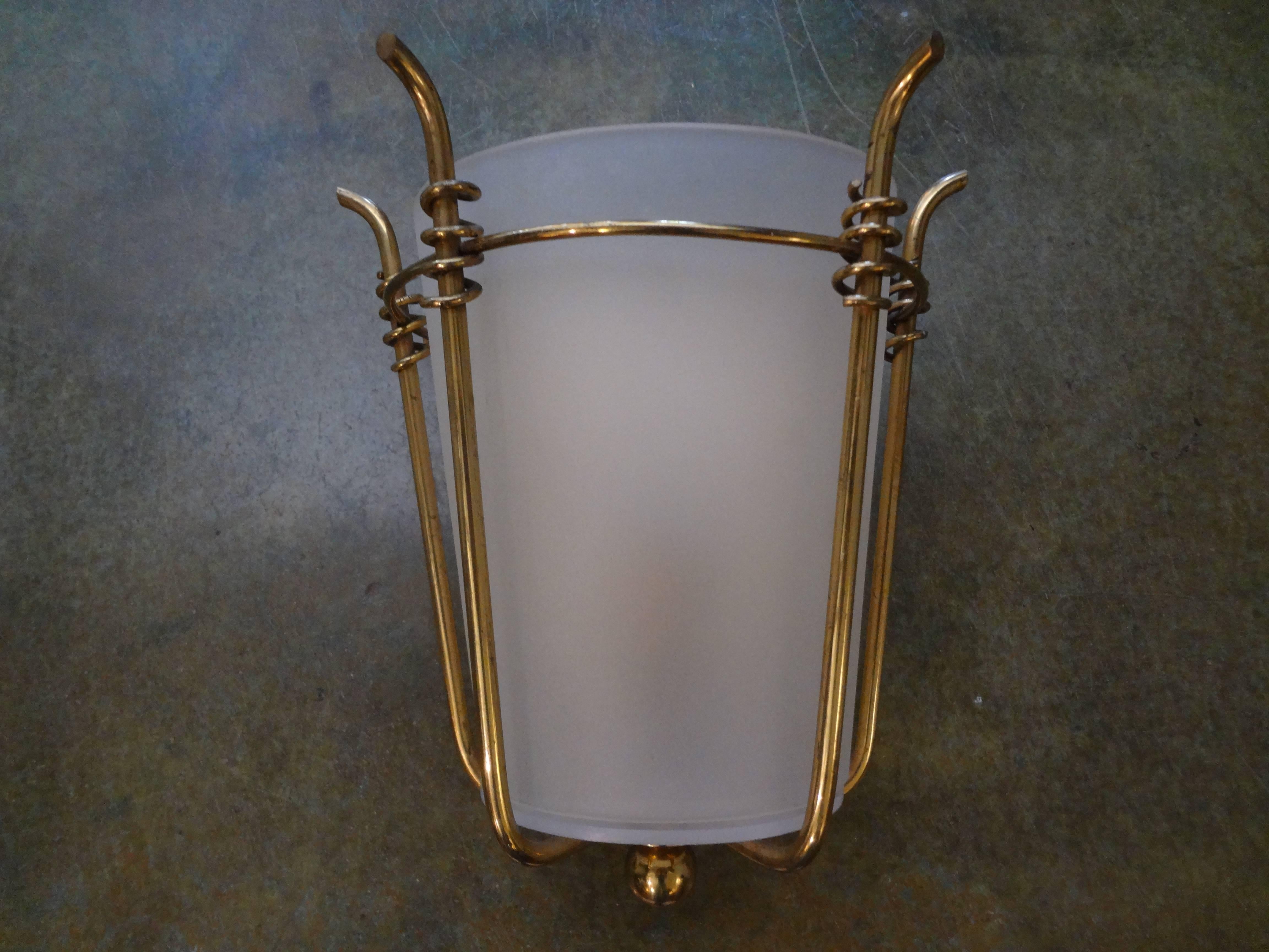 Pair of French Mid-Century Brass and Curved Glass Sconces 2