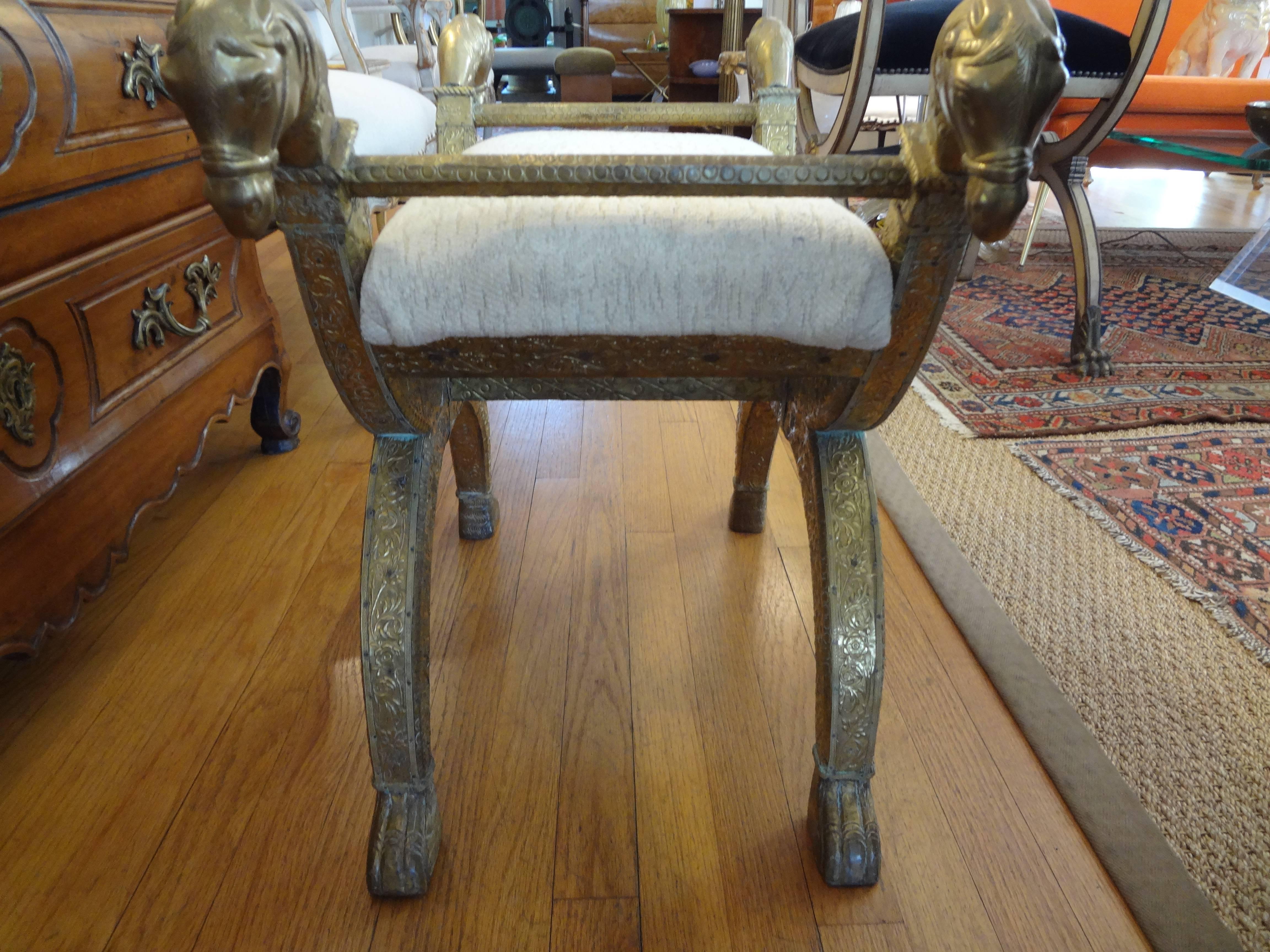 Anglo-Indian Brass Clad Bench with Horse Head Detail In Good Condition In Houston, TX