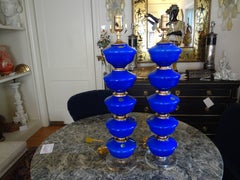 Pair of Cobalt Blue Murano Glass Lamps by Balboa
