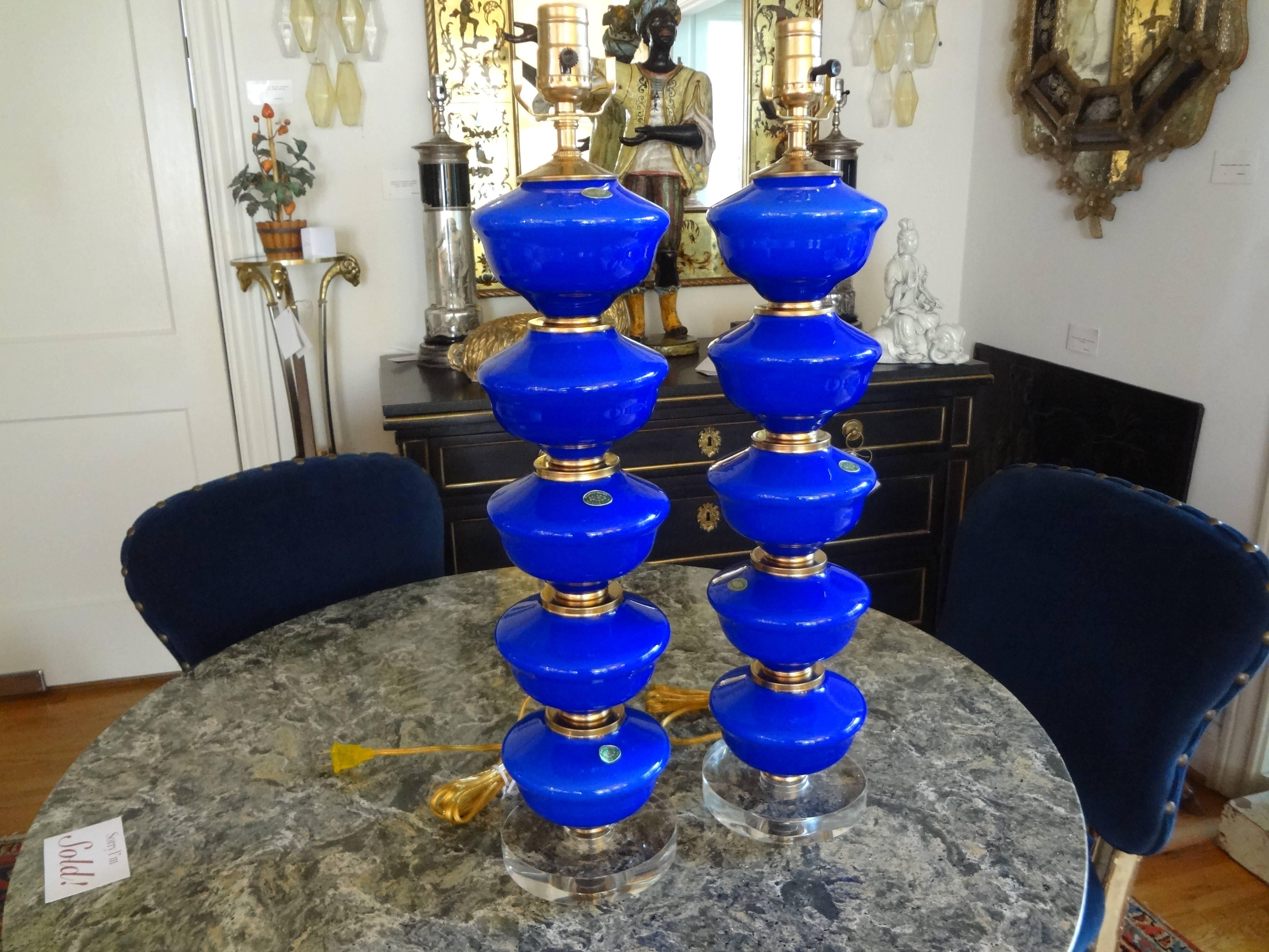 Mid-20th Century Pair of Cobalt Blue Murano Glass Lamps by Balboa
