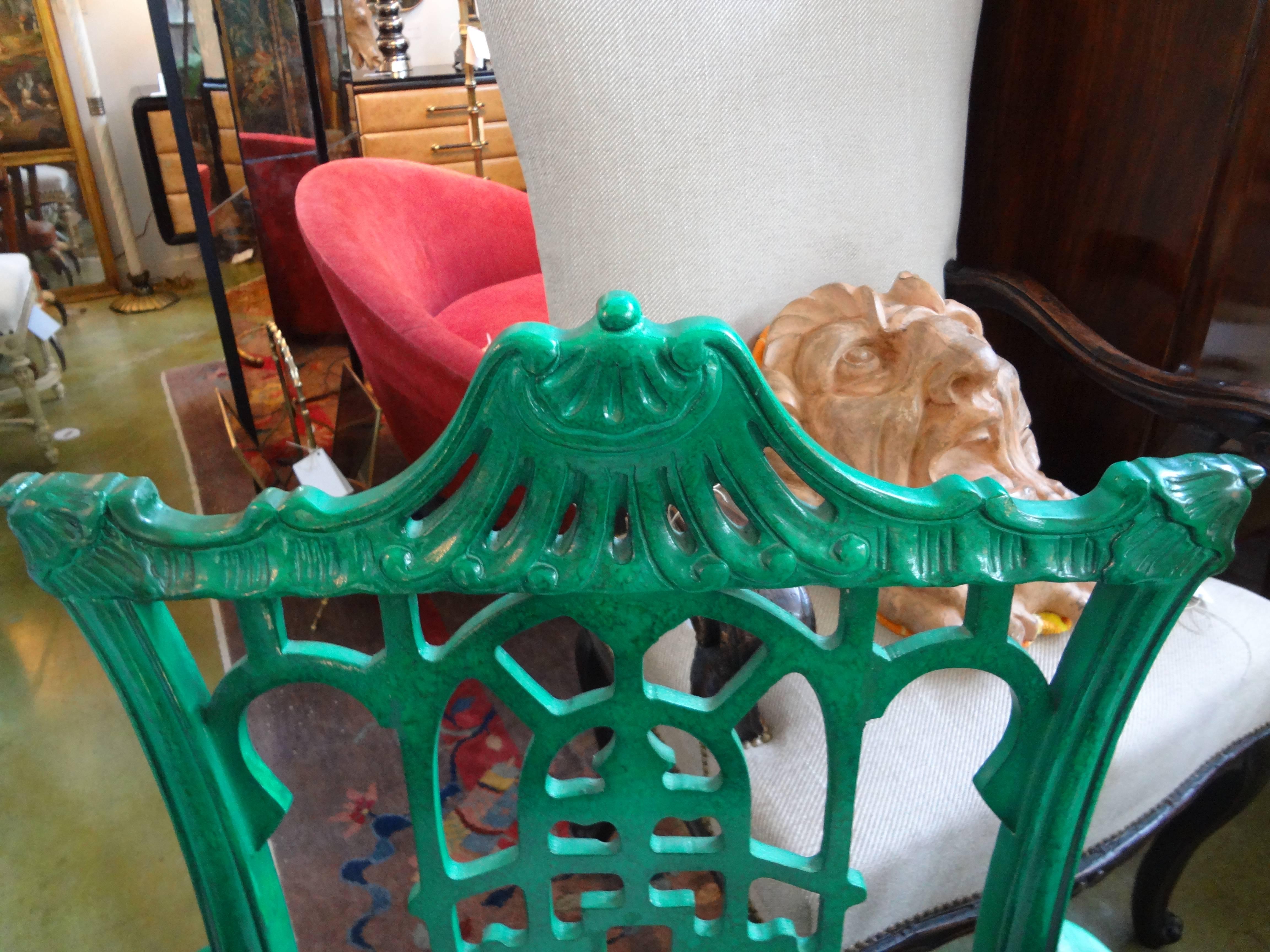 Pair of Chinese Chippendale Style Chairs In a Gorgeous Green Painted Finish. This Pair Has Beautiful Detailing And Have Been Newly Upholstered In a White Linen Fabric. These Armchairs or Side Chairs Are Truly Hollywood Regency Glamour!