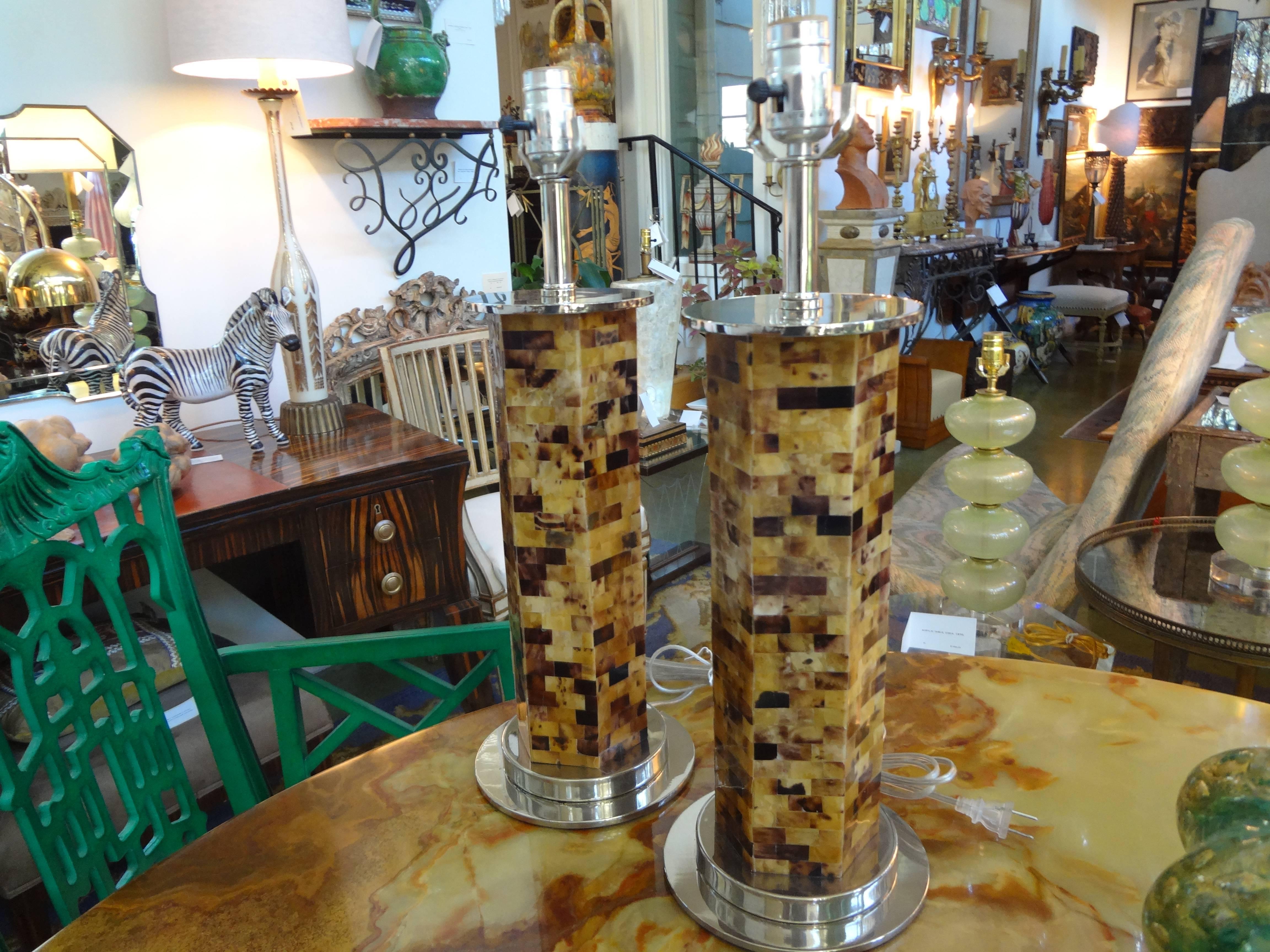Late 20th Century Pair of Karl Springer Inspired Tessellated Horn Lamps