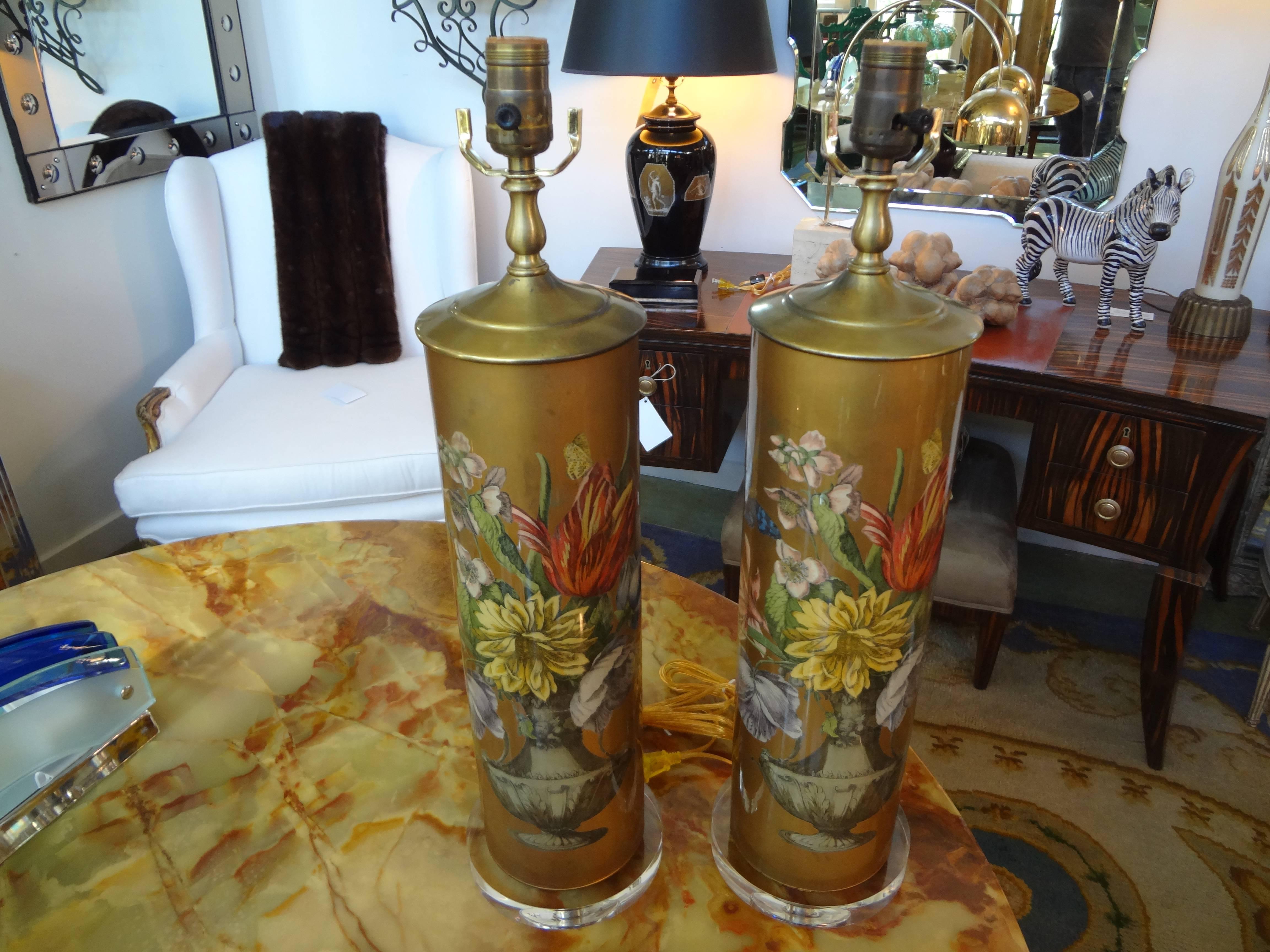 Metal Pair of Églomisé Lamps with Floral Design