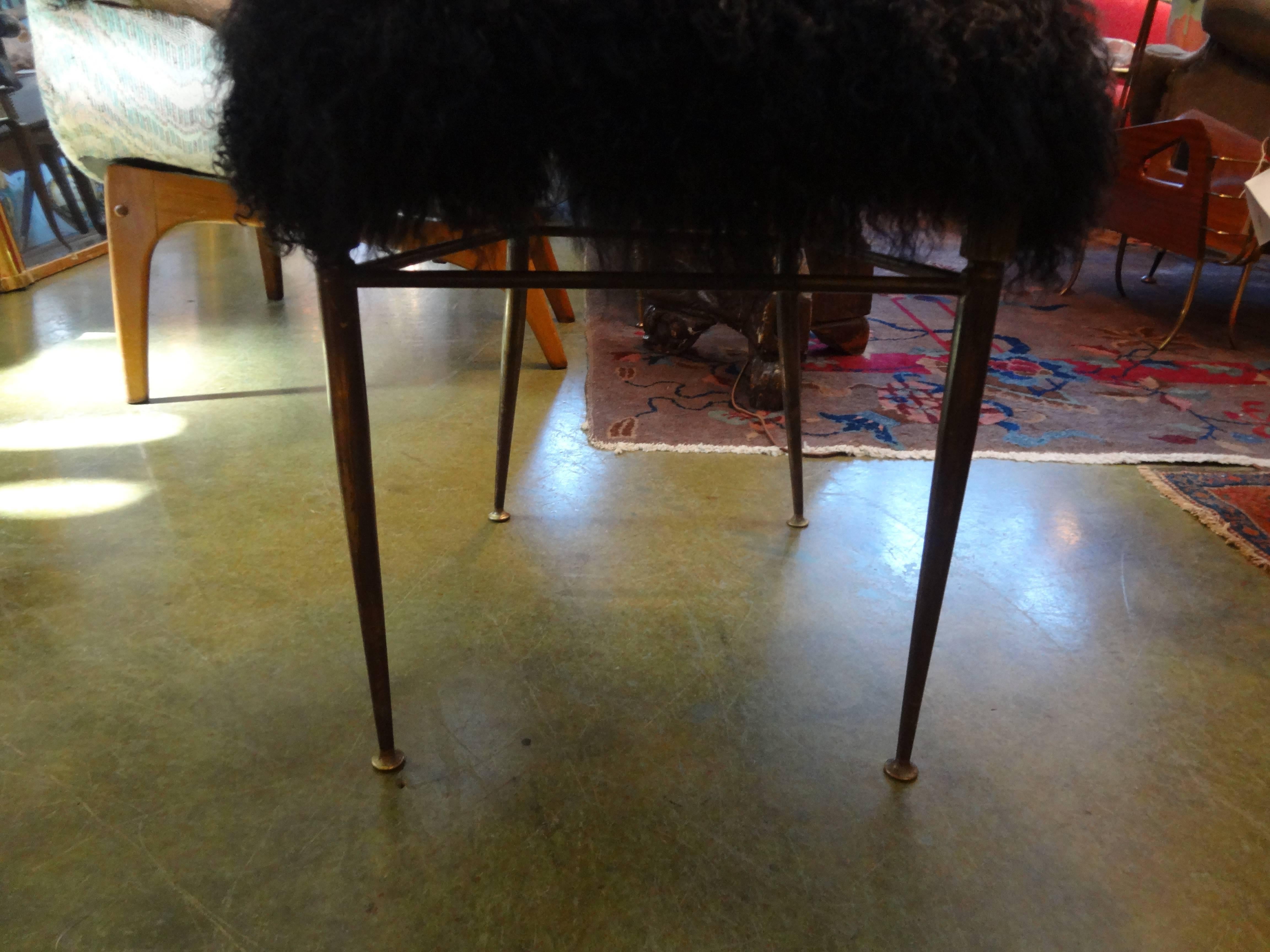 Pair of Italian Brass Chiavari Chairs in Black Mongolian Lambs Wool In Good Condition In Houston, TX
