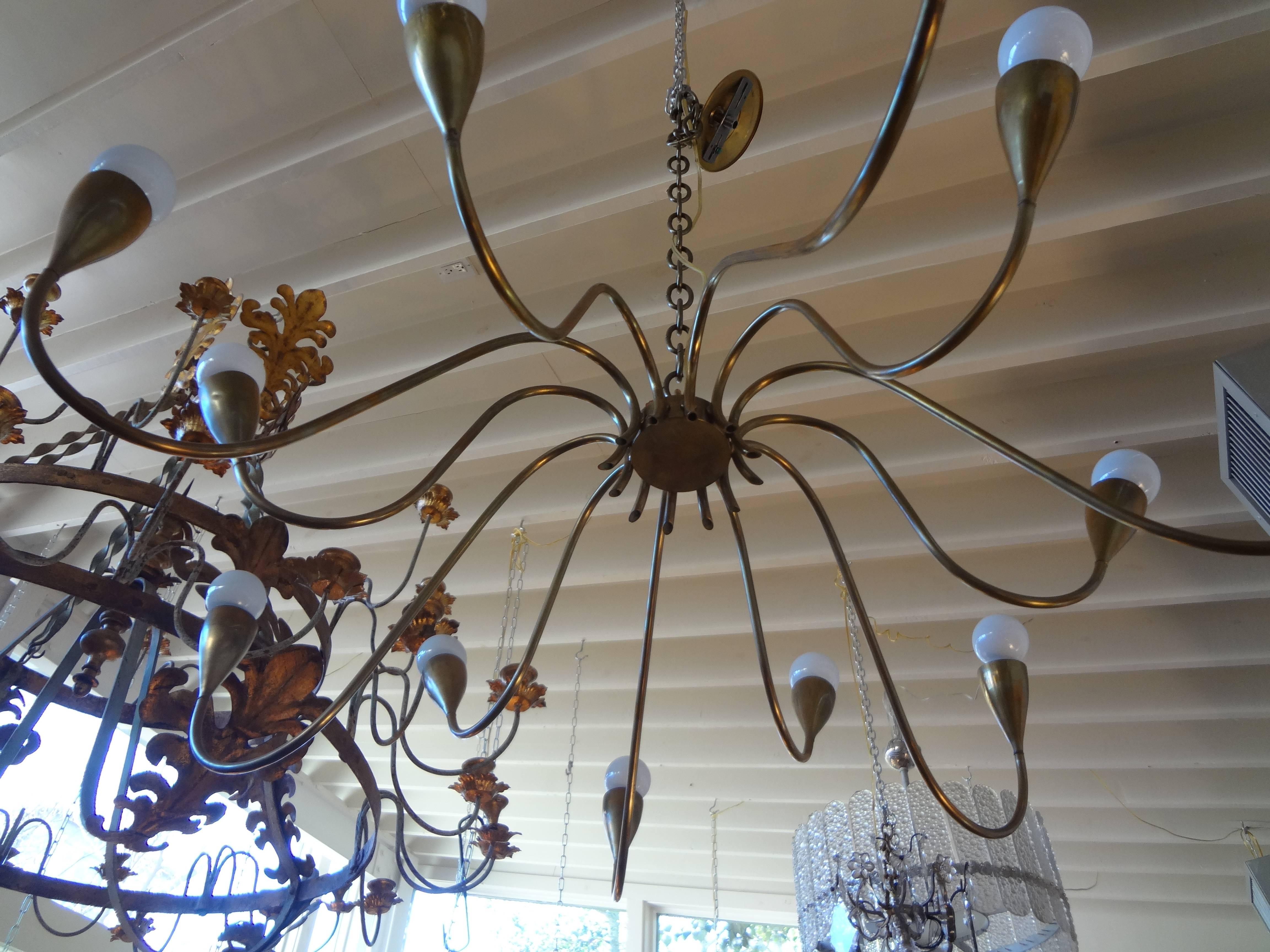 Italian Mid-Century Modern Brass Chandelier Stilnovo Style In Good Condition In Houston, TX