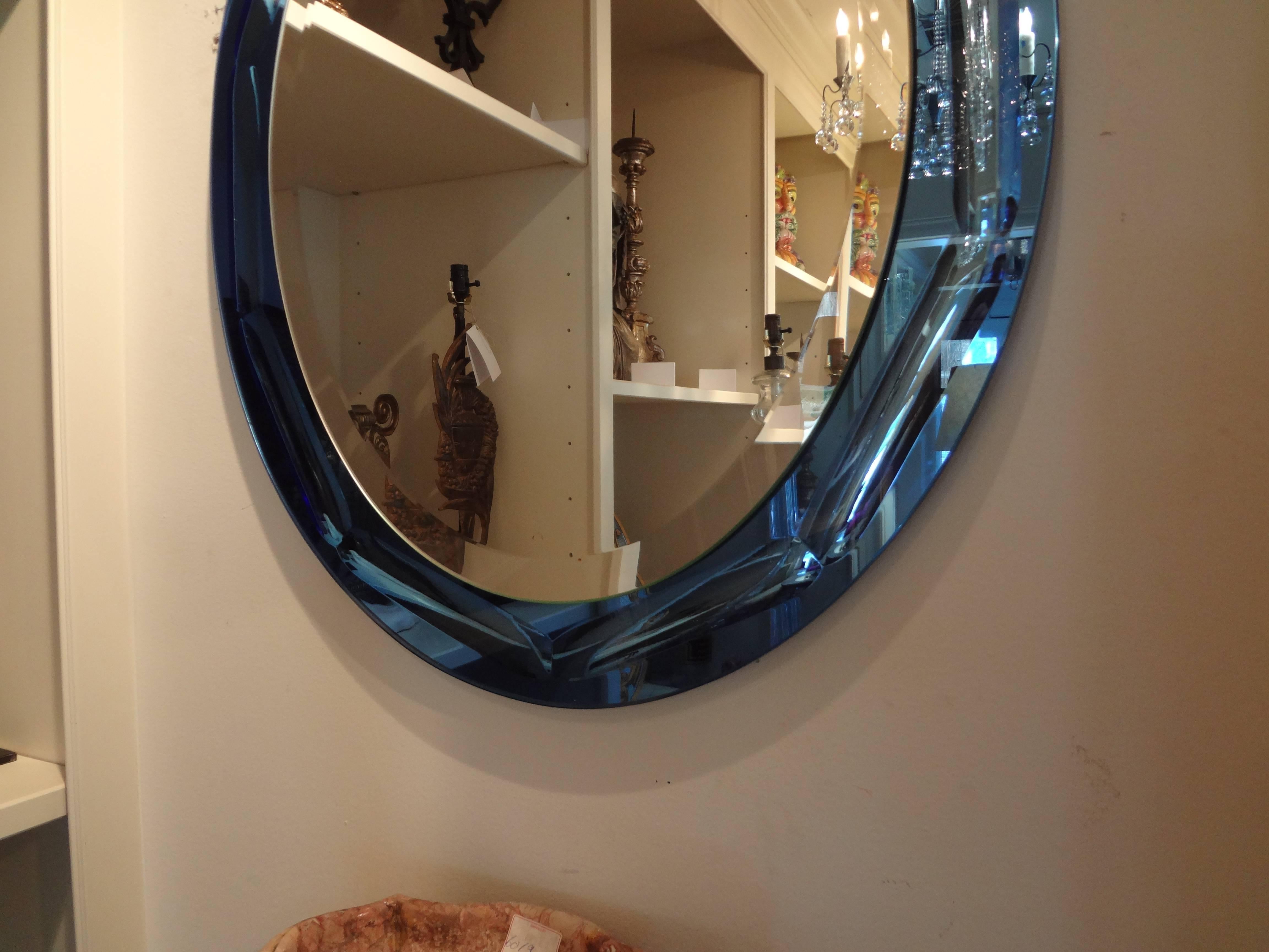 Mid-Century Modern Italian Fontana Arte Style Blue Oval Mirror