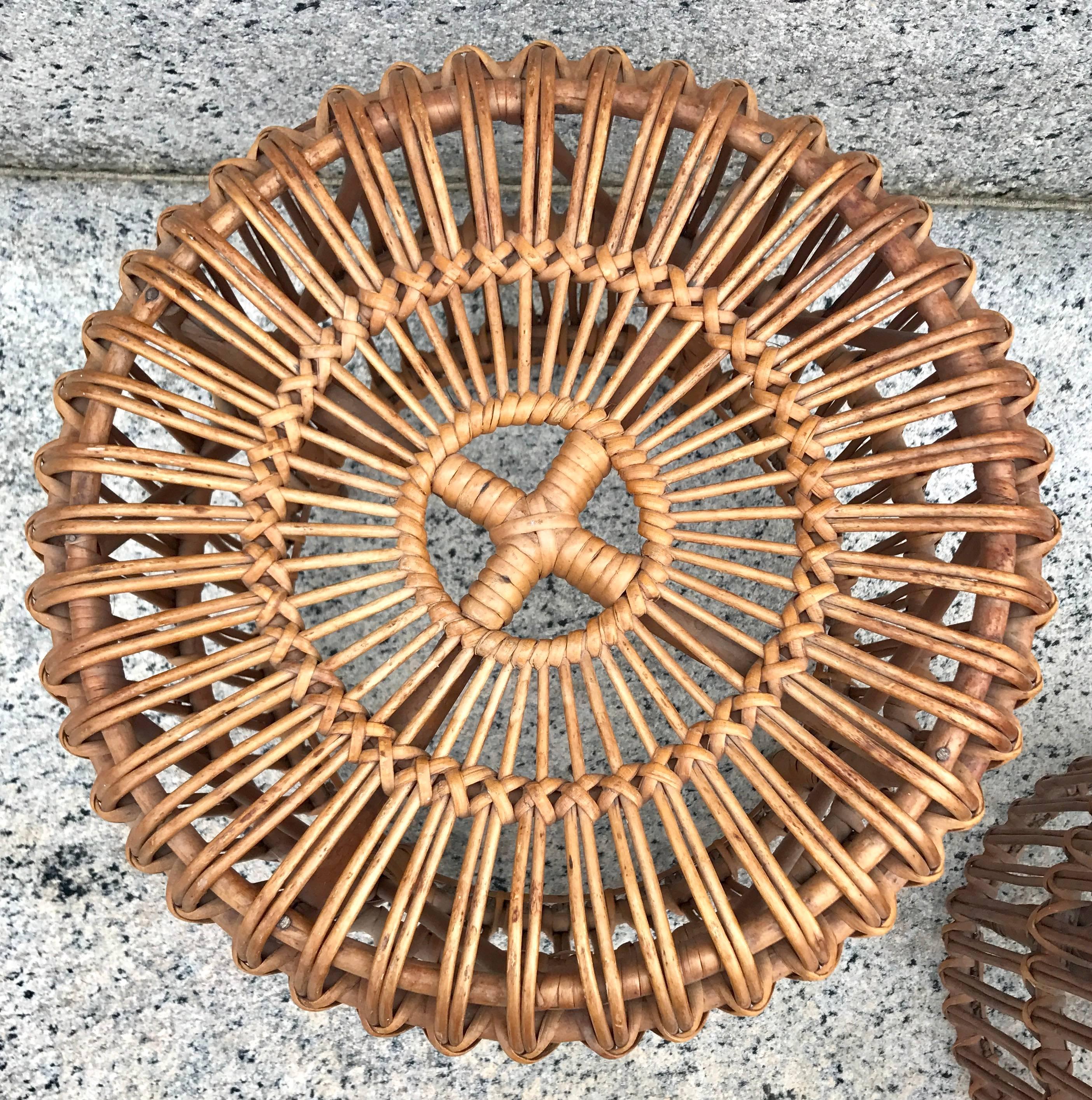 Rare pair of 1950s Franco Albini woven rattan nesting stools.