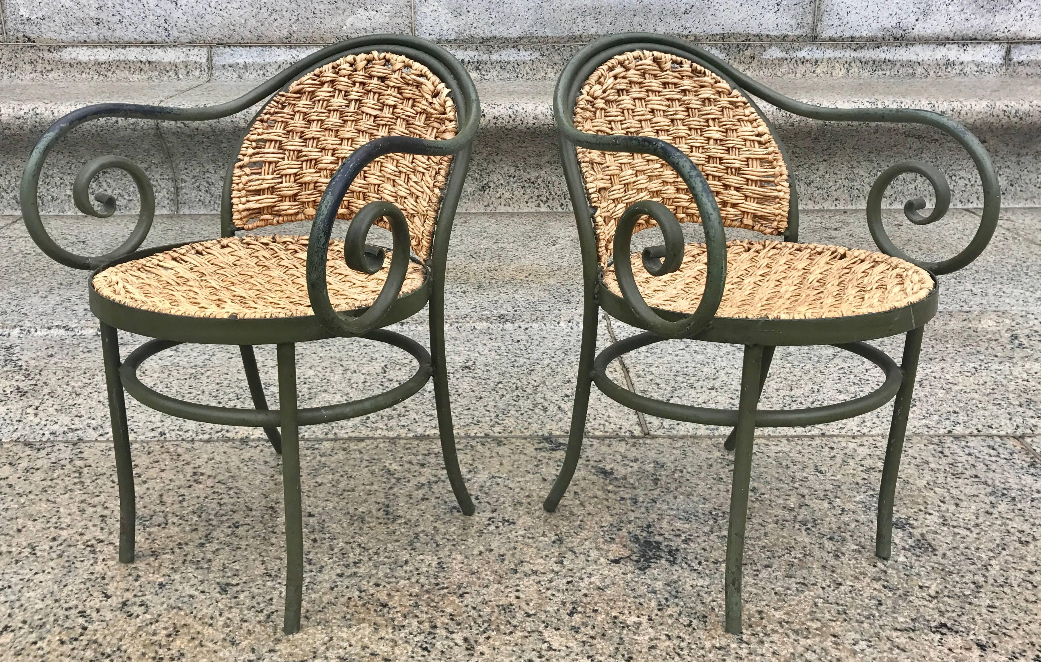 Chic Pair of 1950s French Iron and Rush Armchairs After Thonet 1