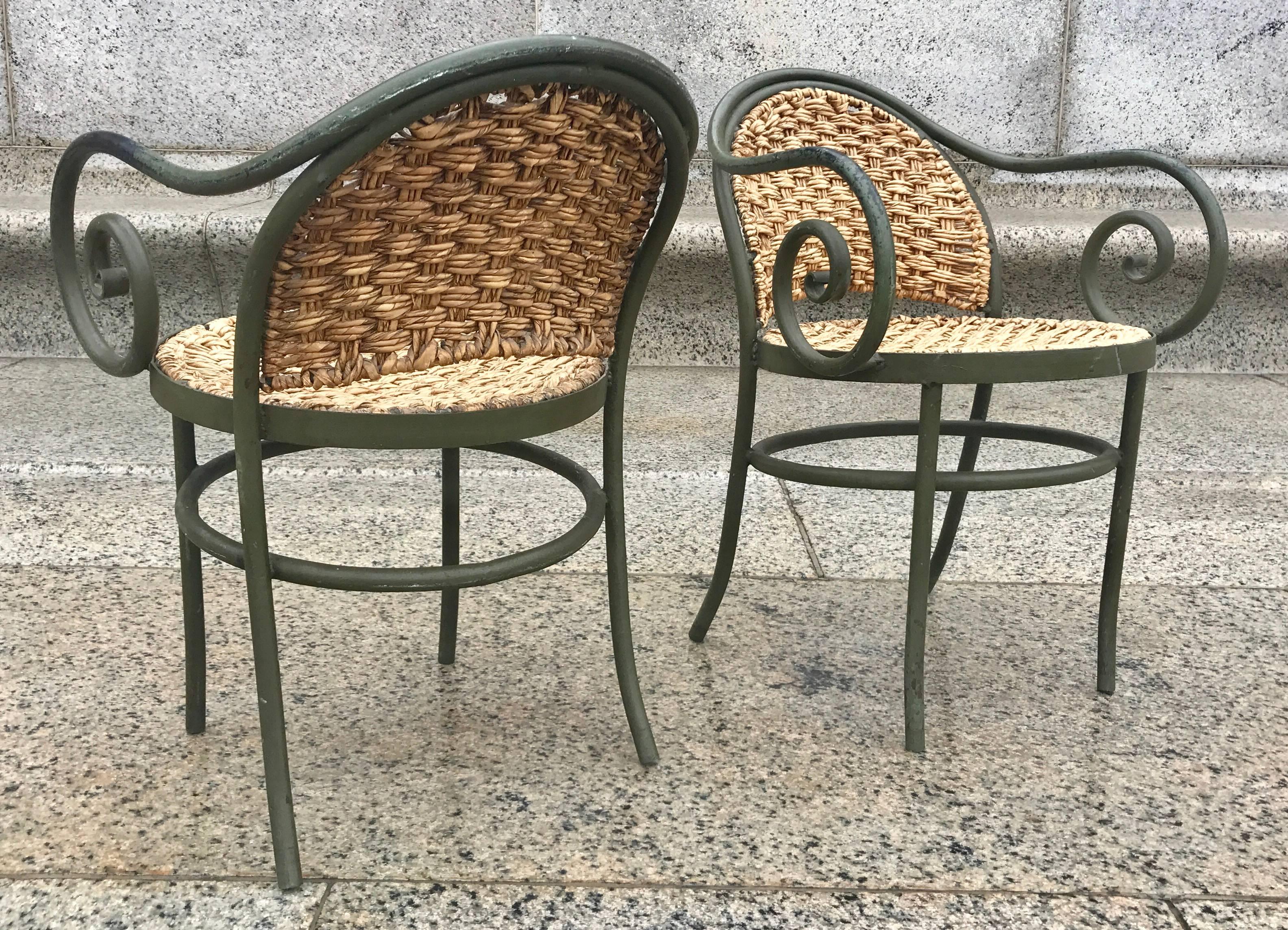 Chic Pair of 1950s French Iron and Rush Armchairs After Thonet 3