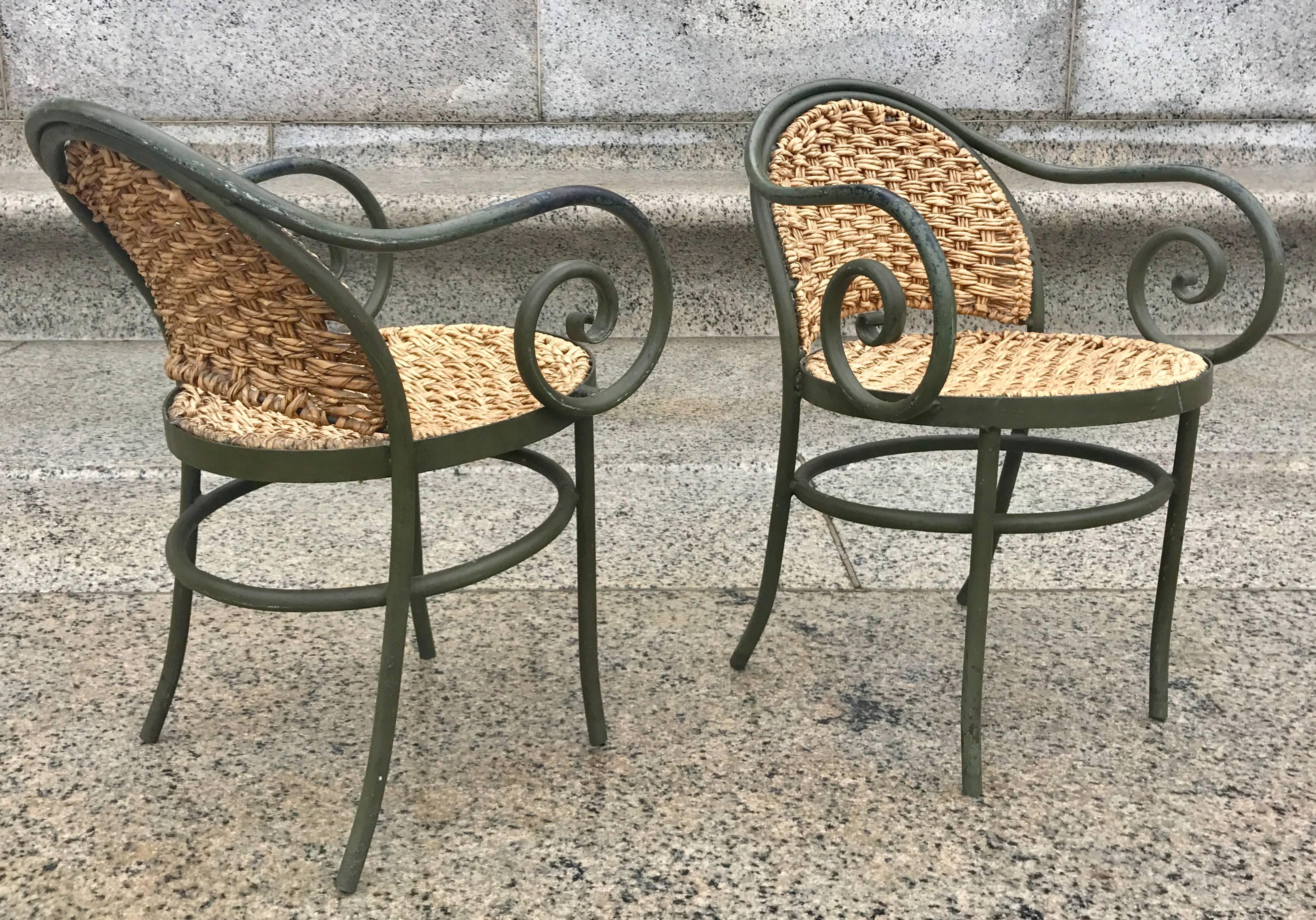 Chic Pair of 1950s French Iron and Rush Armchairs After Thonet 4