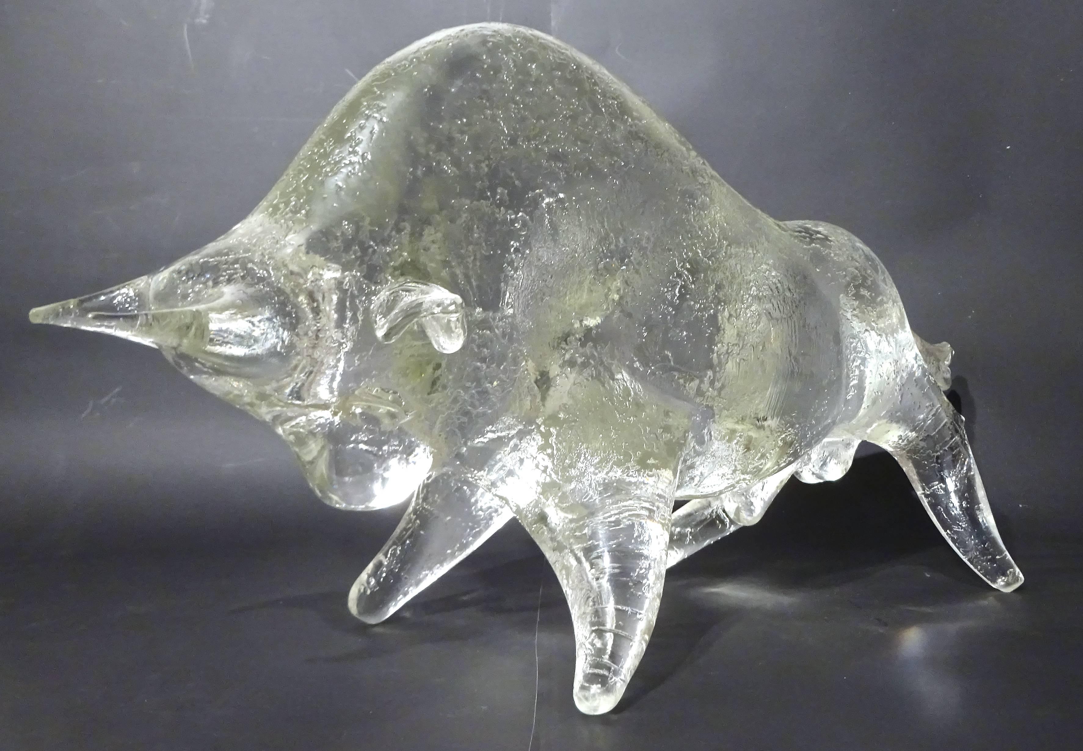 Italian Large Rare Signed 1960s, Livio Seguso Corroso Murano Glass Bull Sculpture For Sale