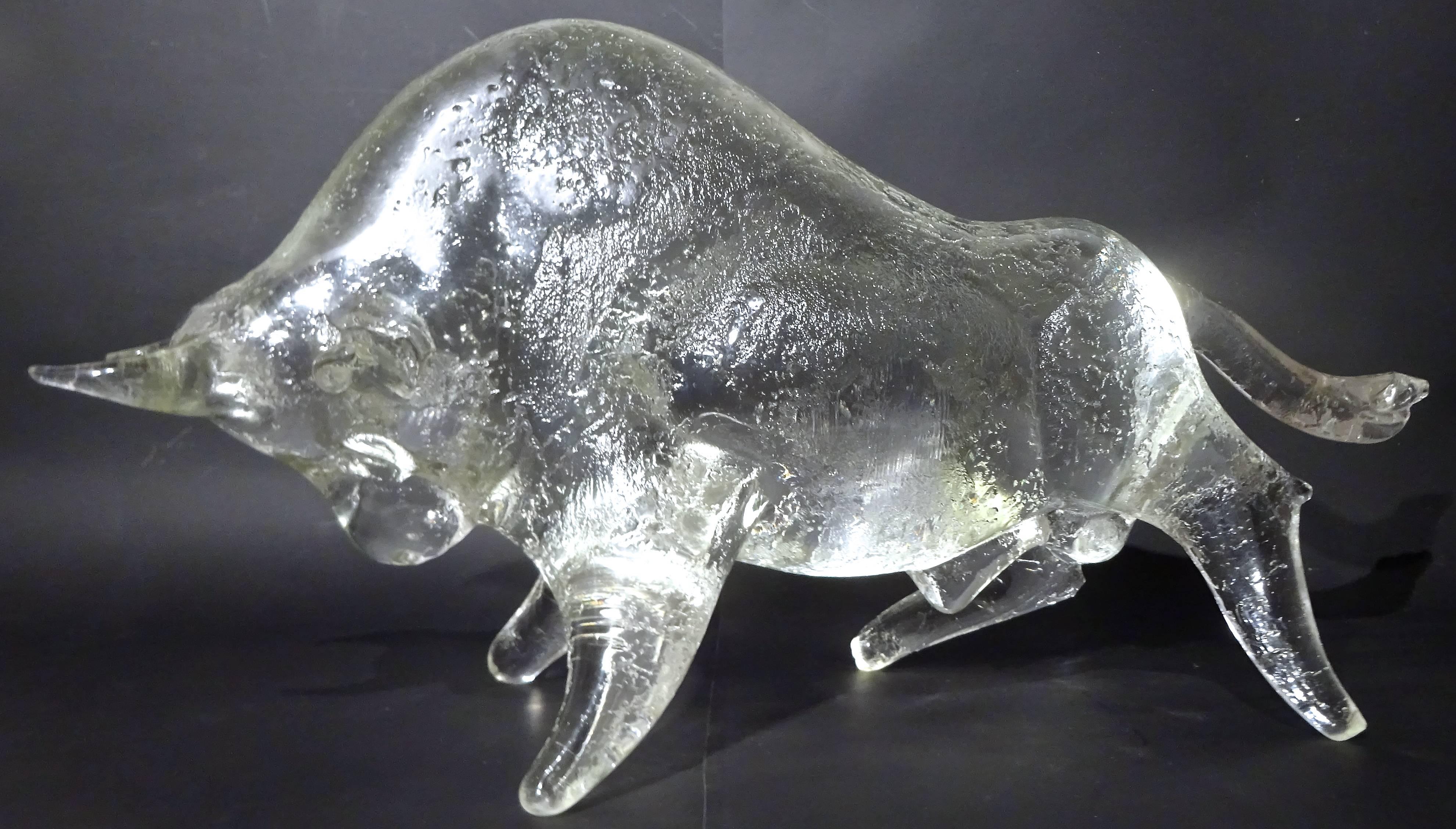 Mid-20th Century Large Rare Signed 1960s, Livio Seguso Corroso Murano Glass Bull Sculpture For Sale