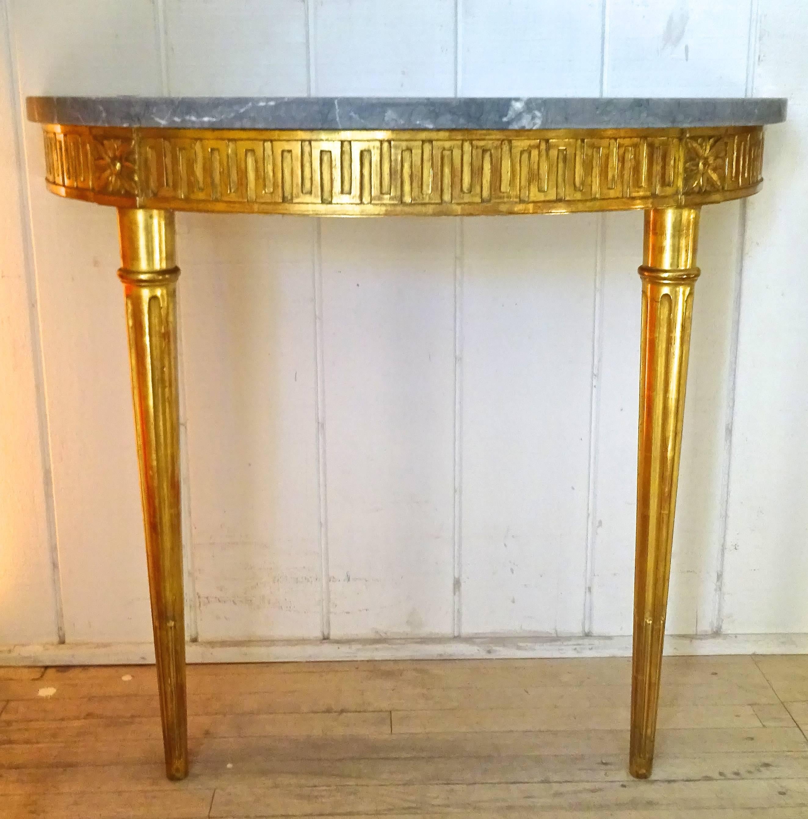 Fabulous Pair of 1930's Italian Greek Key Giltwood and Marble Console Tables In Excellent Condition In Washington, DC