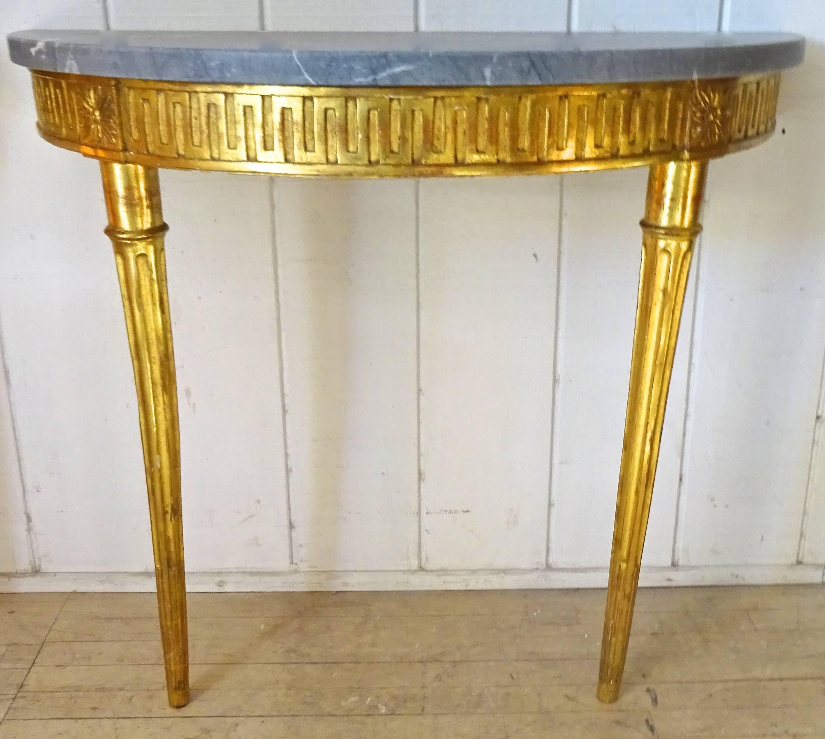 Fabulous Pair of 1930's Italian Greek Key Giltwood and Marble Console Tables 1