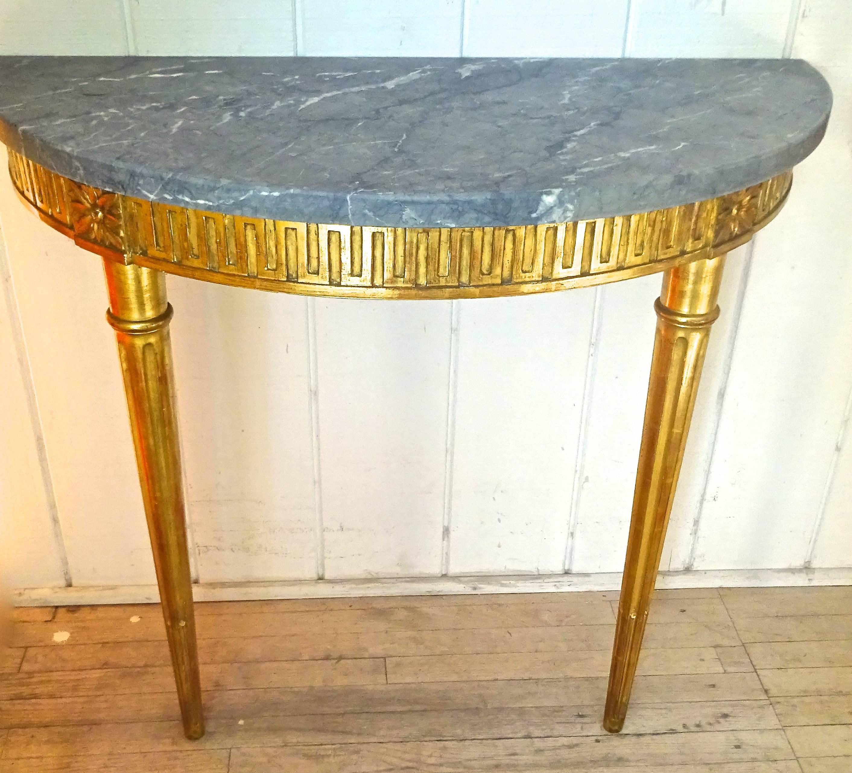 Fabulous Pair of 1930's Italian Greek Key Giltwood and Marble Console Tables 2
