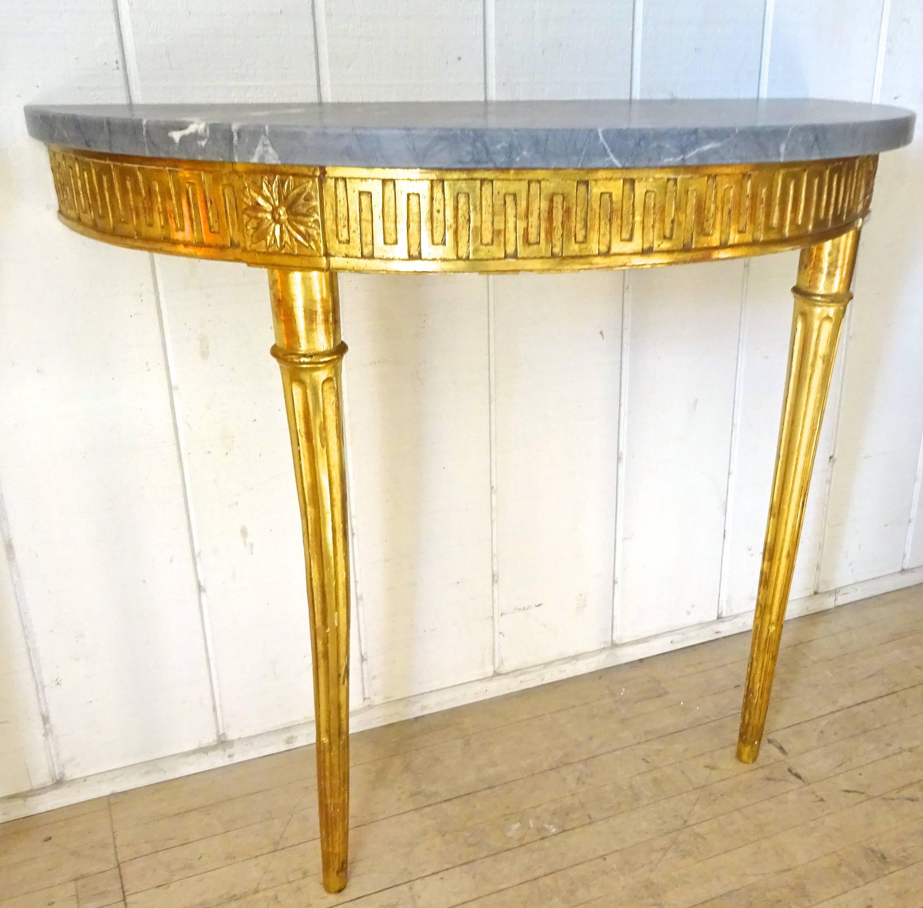 Fabulous Pair of 1930's Italian Greek Key Giltwood and Marble Console Tables 3