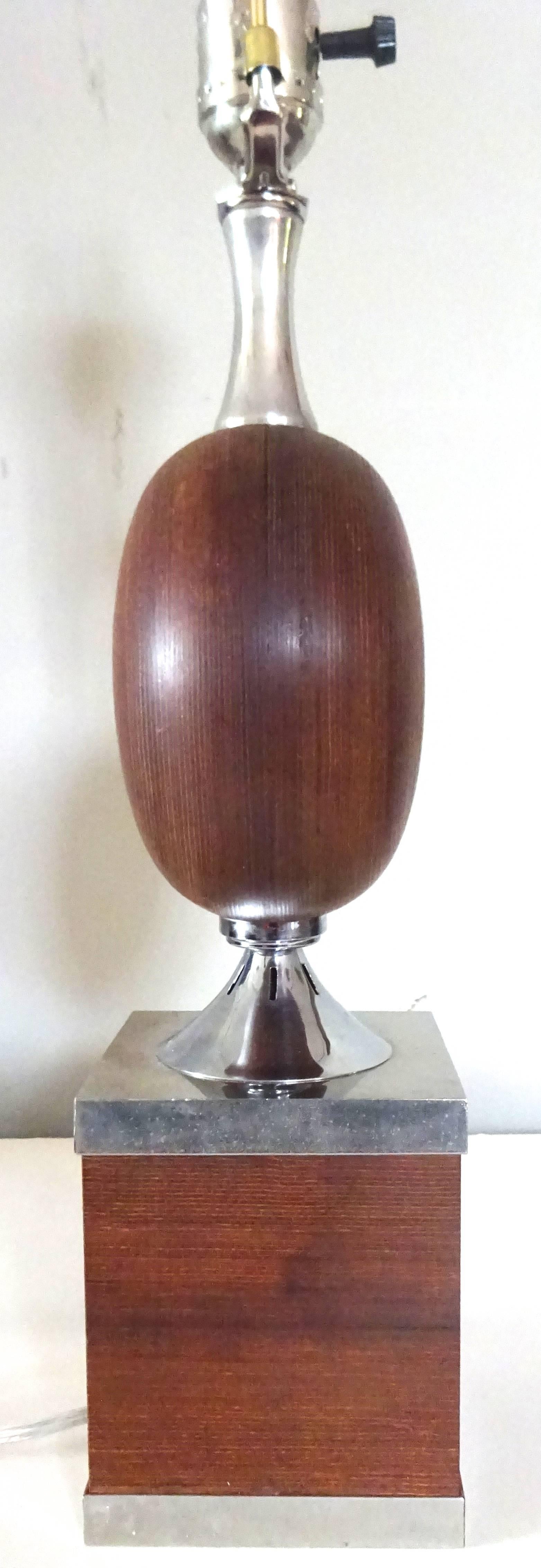 Rare 1970s French Maison Barbier Laminated Wood and Chrome Table Lamp For Sale 2
