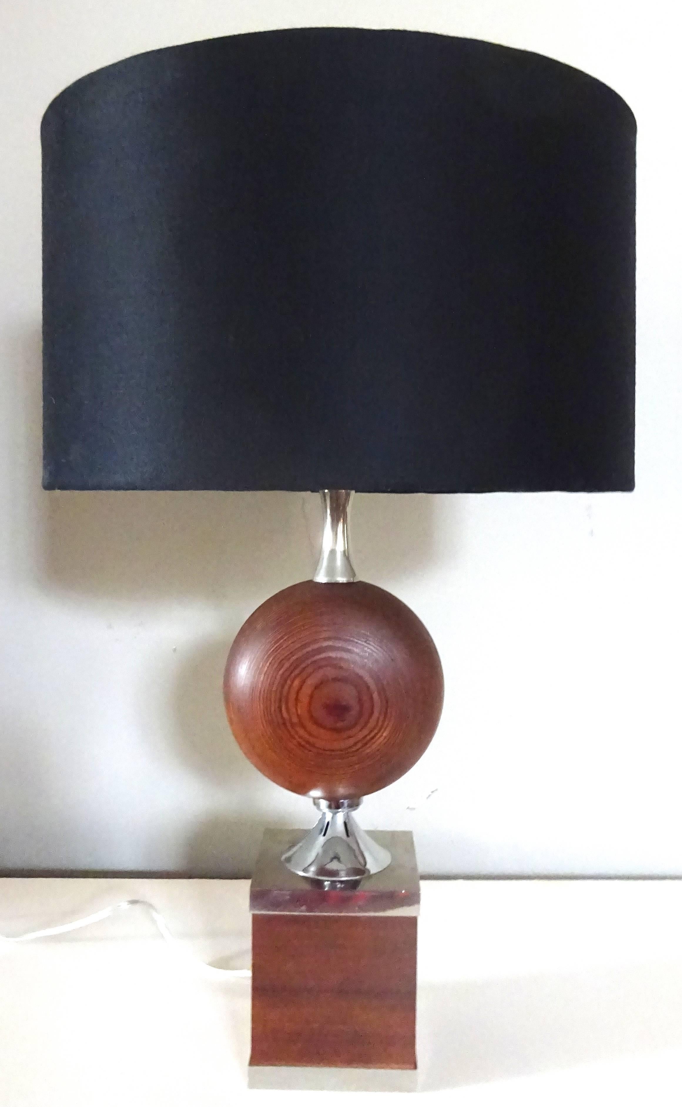 Rare 1970s French Maison Barbier Laminated Wood and Chrome Table Lamp In Excellent Condition For Sale In Washington, DC