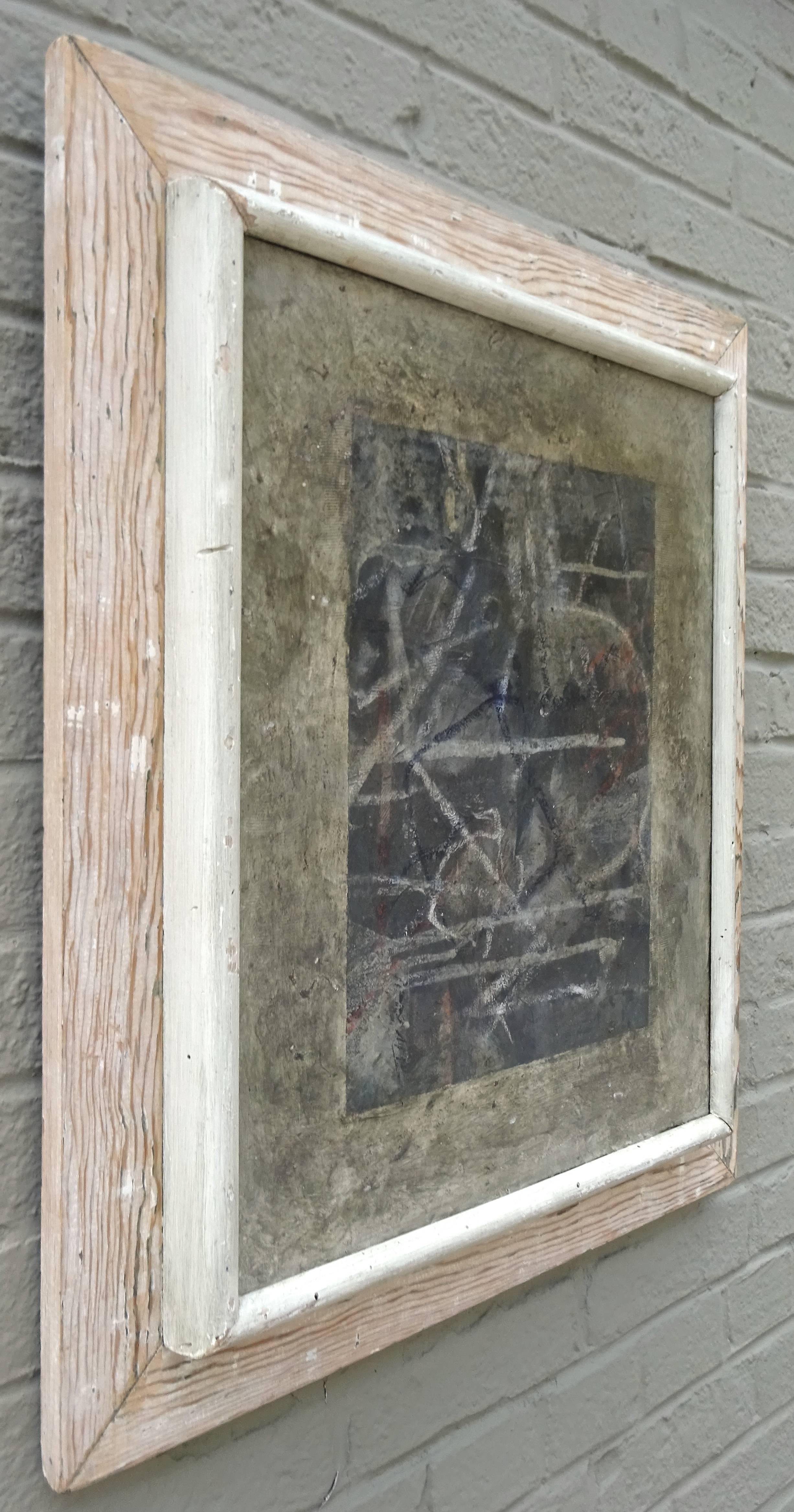 Charming 1940s abstract oil painting in original distressed frame.