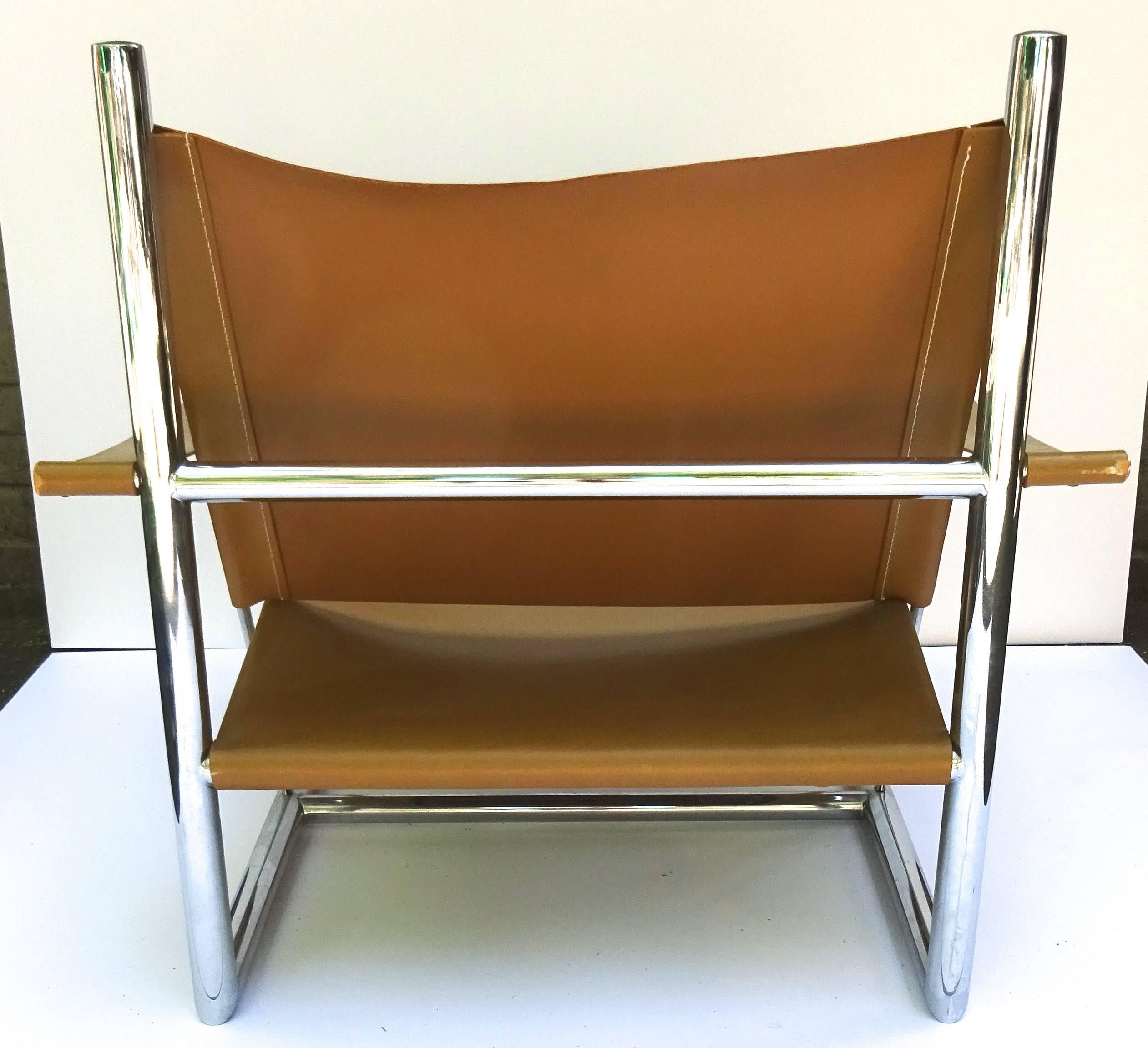 American Architectural 1970s Milo Baughman Leather and Chrome Lounge Chair