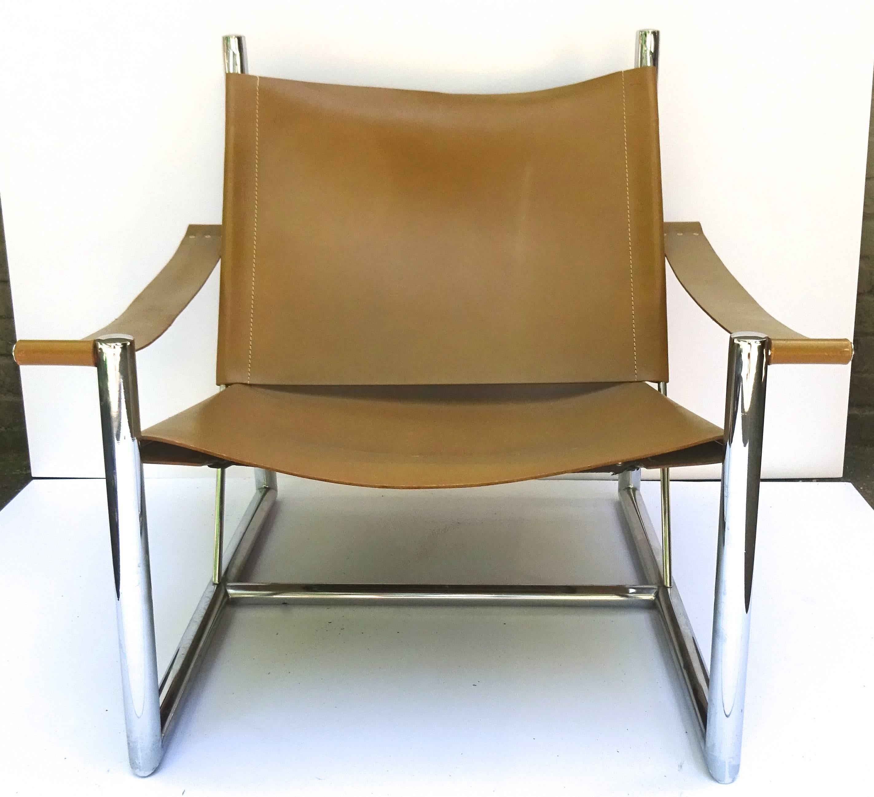 Scarce 1970s Milo Baughman leather and chrome lounge chair.