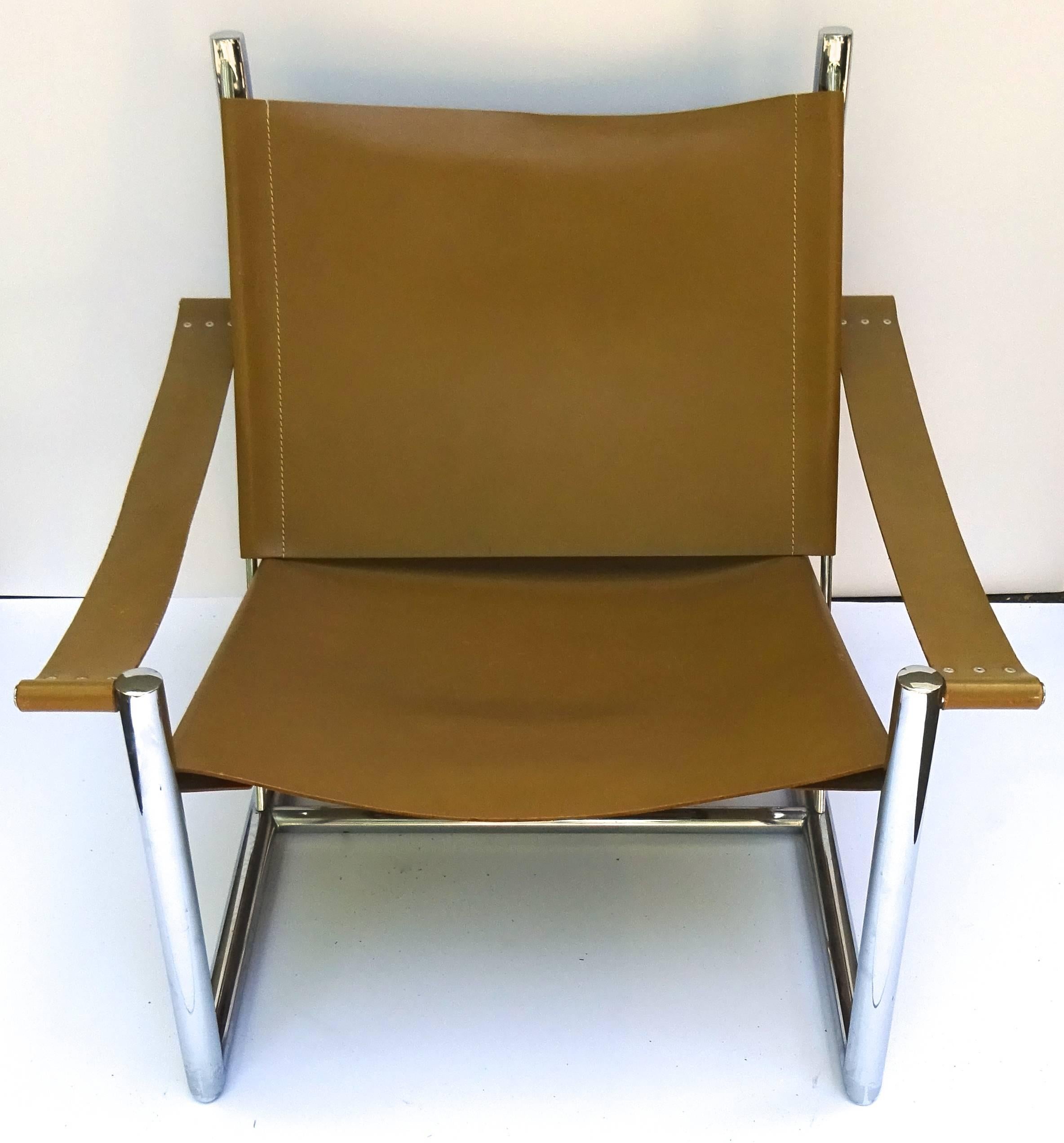 Late 20th Century Architectural 1970s Milo Baughman Leather and Chrome Lounge Chair