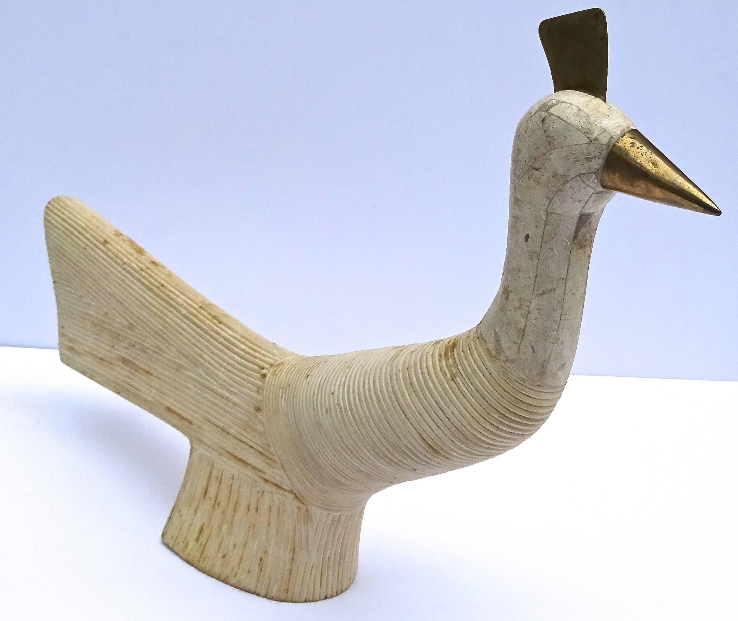 Large 1970s Rattan and Marble Peacock Sculpture 1