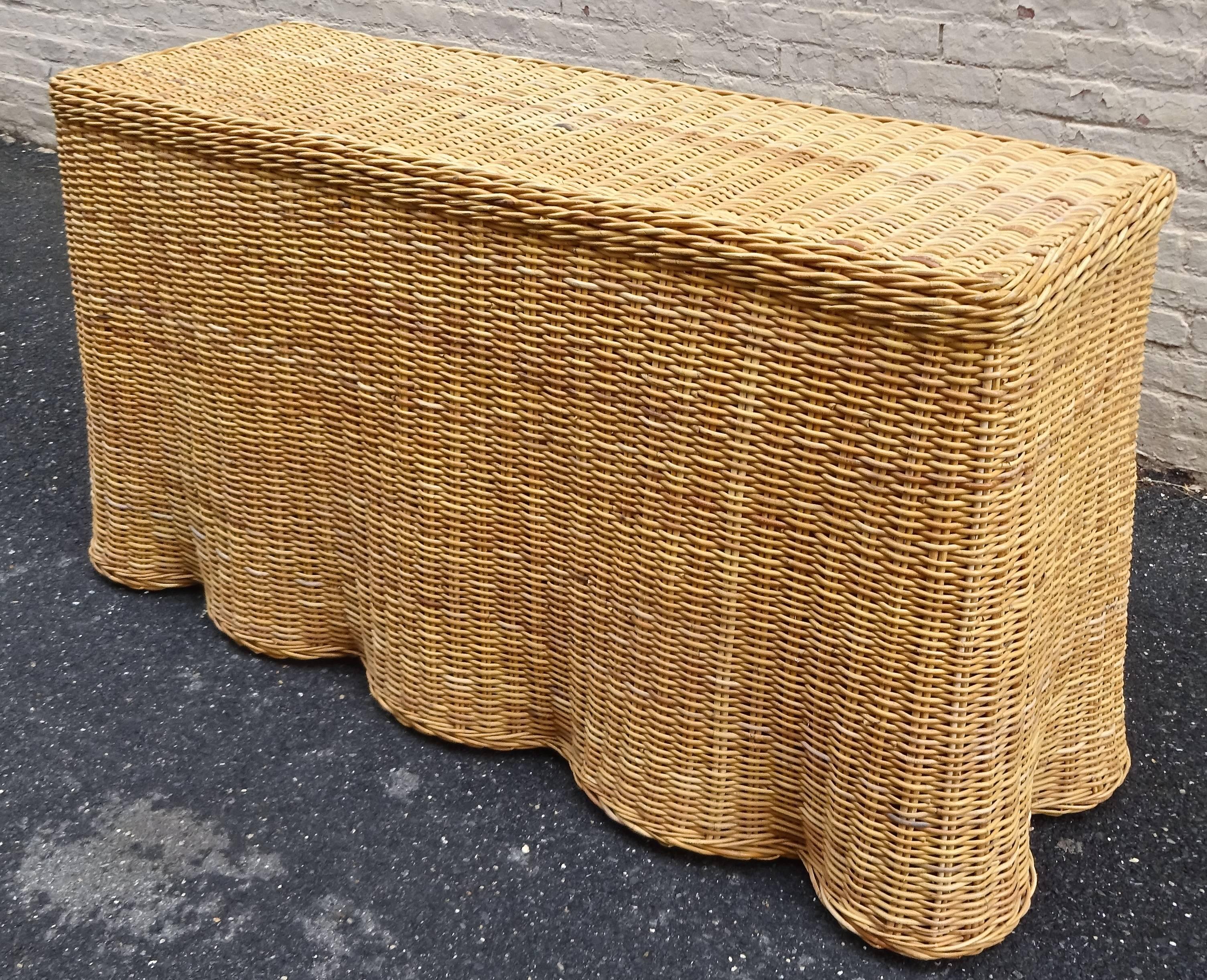 Chic Trompe L'oeil draped wicker console table, 1970s.