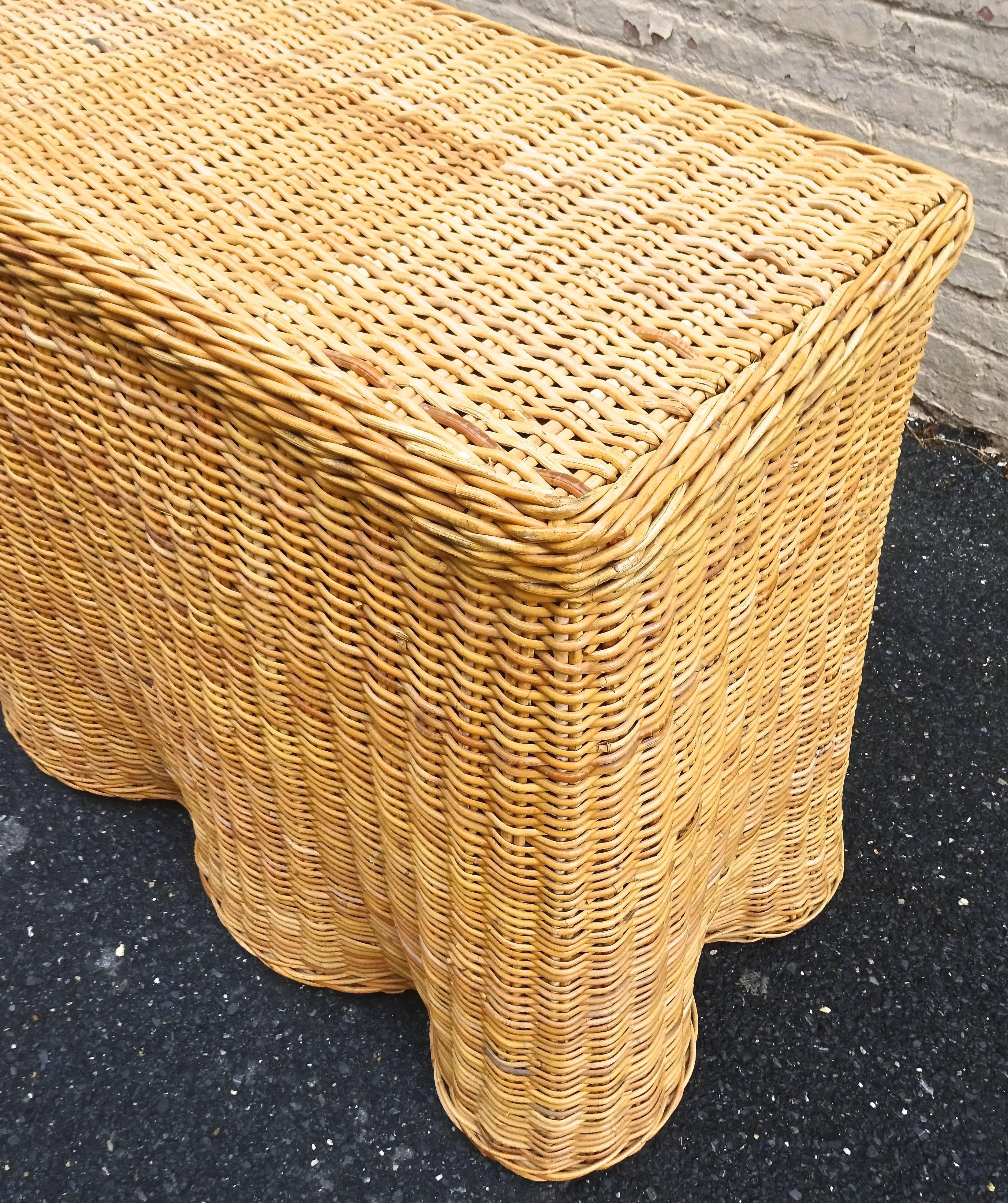 Chic Trompe L'oeil Draped Wicker Console Table, 1970s 1