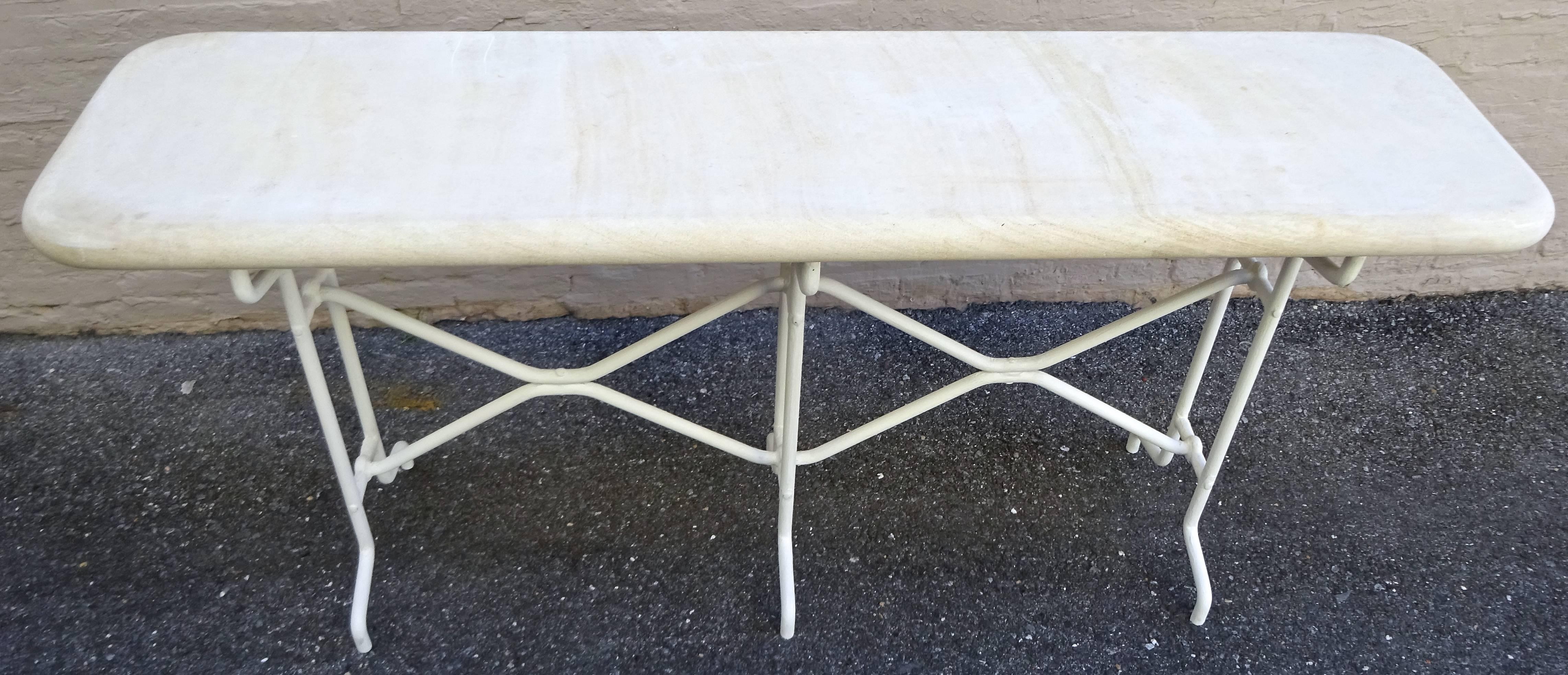 Fabulous 1970s iron console table with custom limestone top after Giacometti.