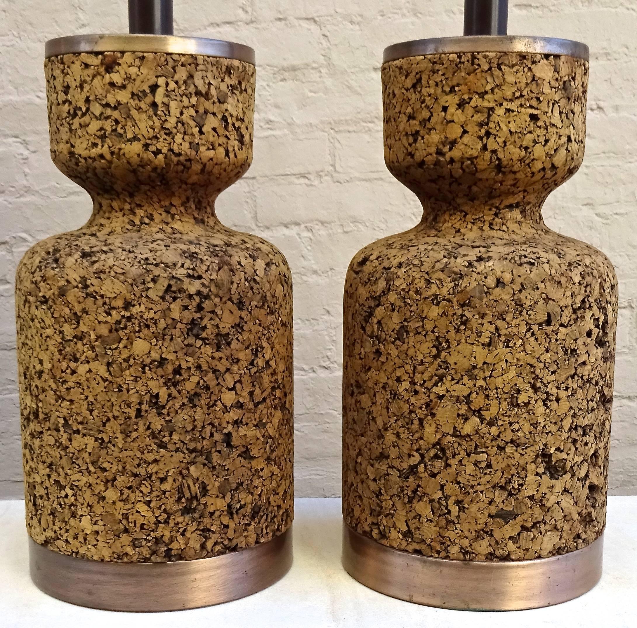 Large sculptural pair of 1970s cork table lamps.